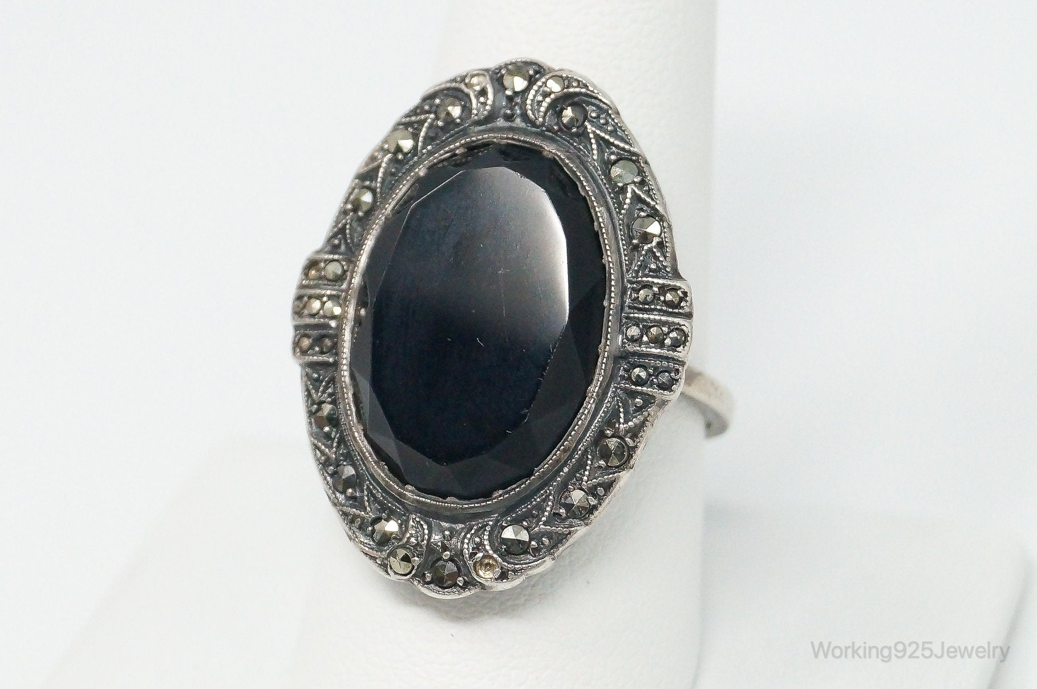 Antique Black Onyx Marcasite Sterling Silver Ring - Size 10.25