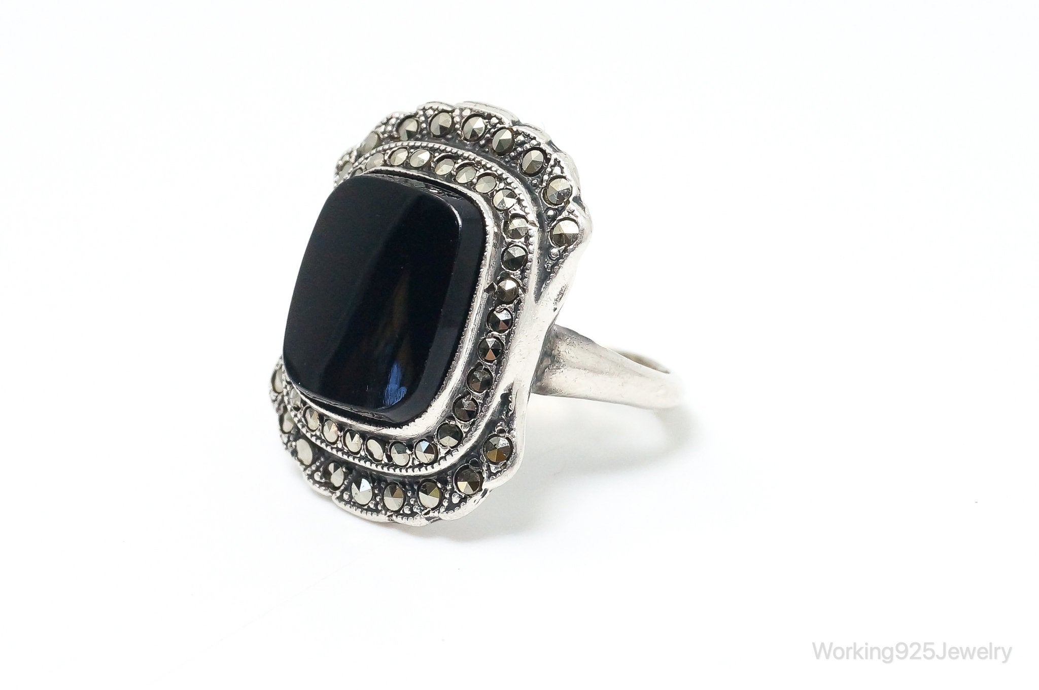 Antique Designer Uncas MFG CO Black Onyx Marcasite Sterling Silver Ring SZ 6.5