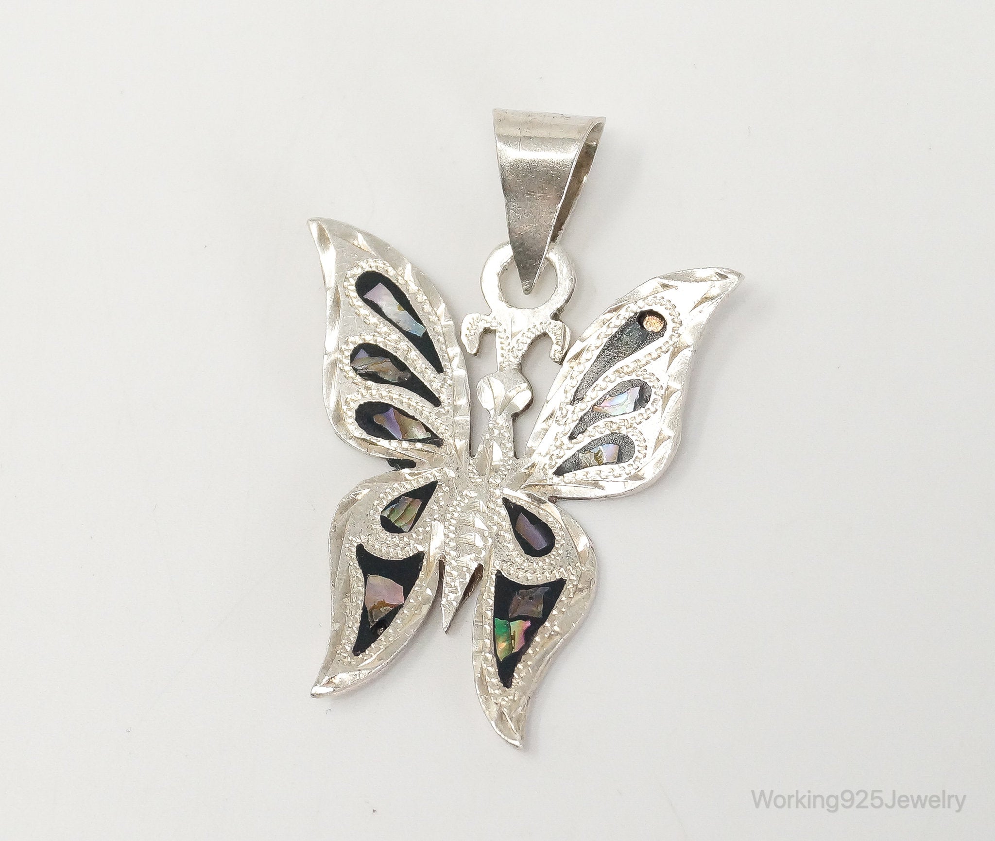 Large Vintage Mexico CC80 Abalone Etched Butterfly Sterling Silver Pendant