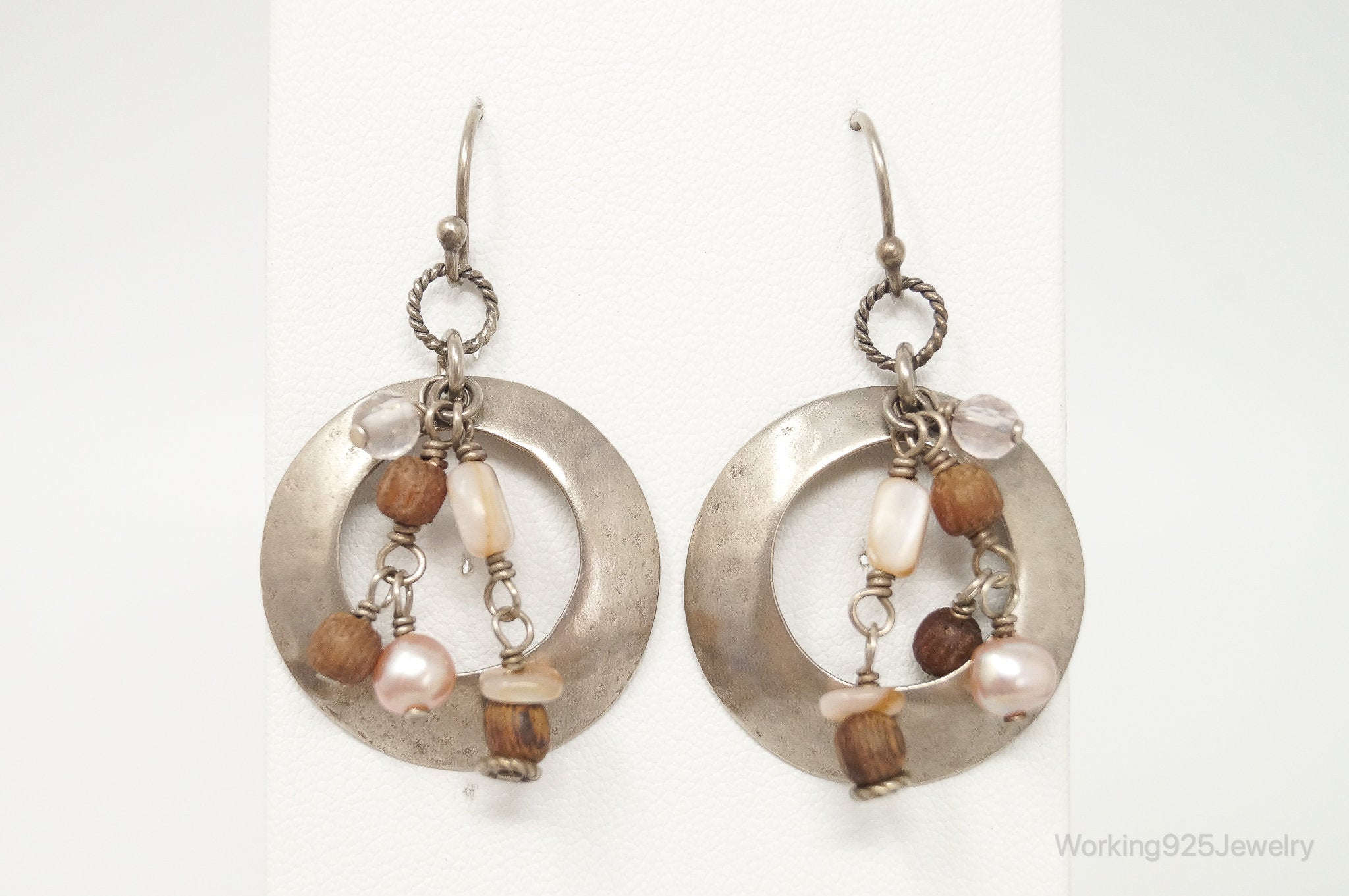 Designer Silpada Wood Quartz Pearl Hammered Sterling Silver Earrings