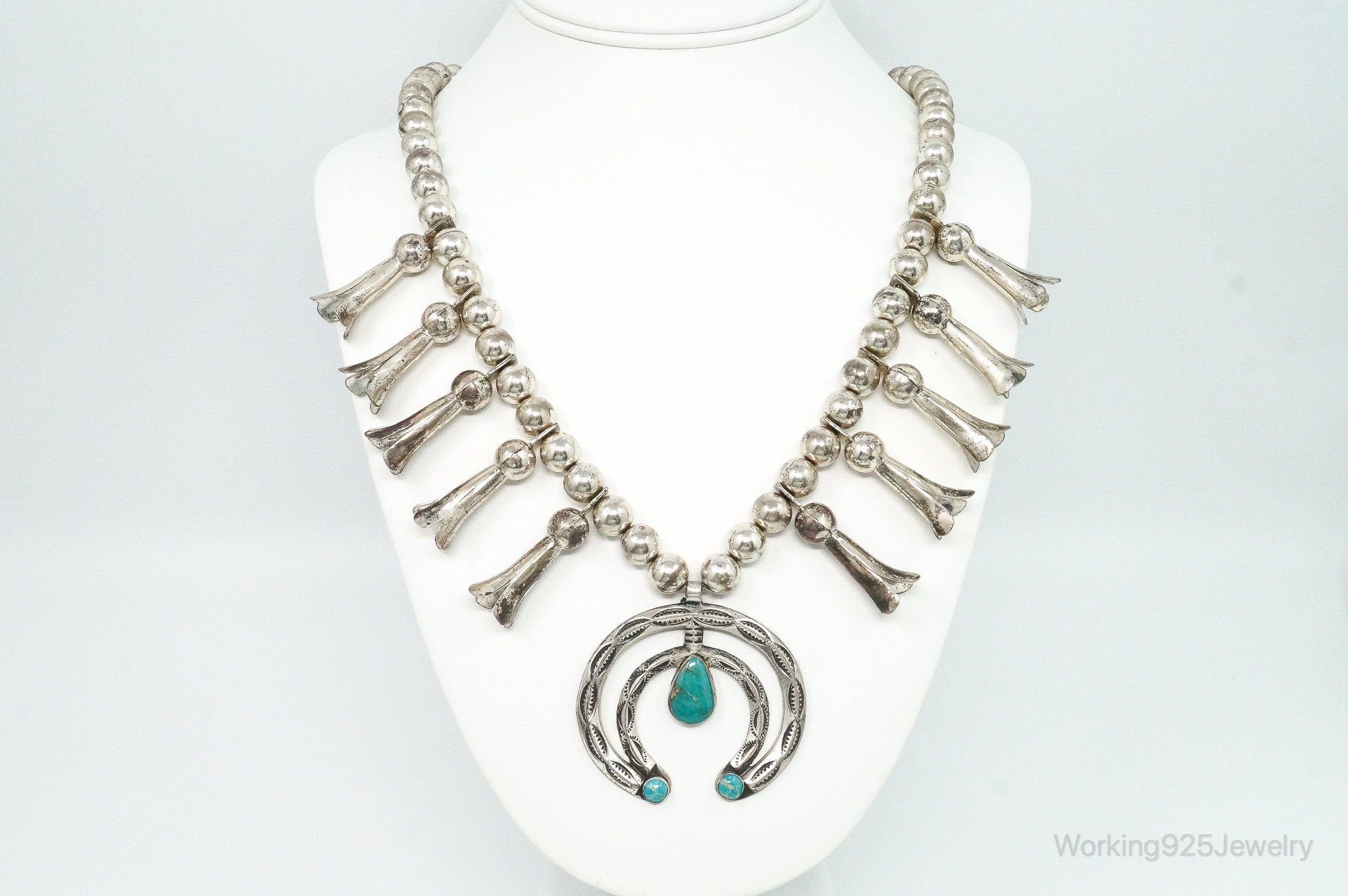 Native American Bell Trading Turquoise Squash Blossom Sterling Silver Necklace
