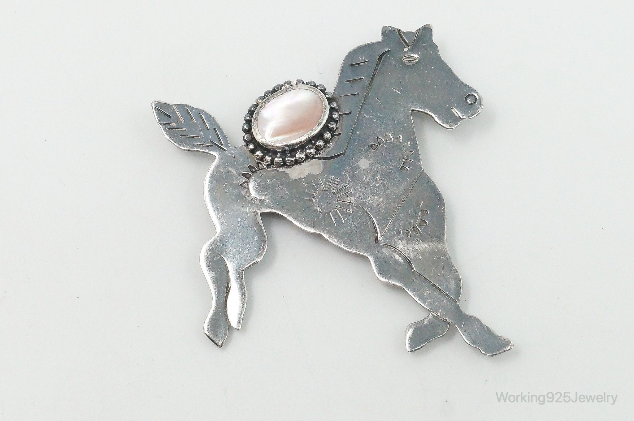 Vintage Designer Boma Pink Mother Of Pearl Horse Sterling Silver Brooch Pin