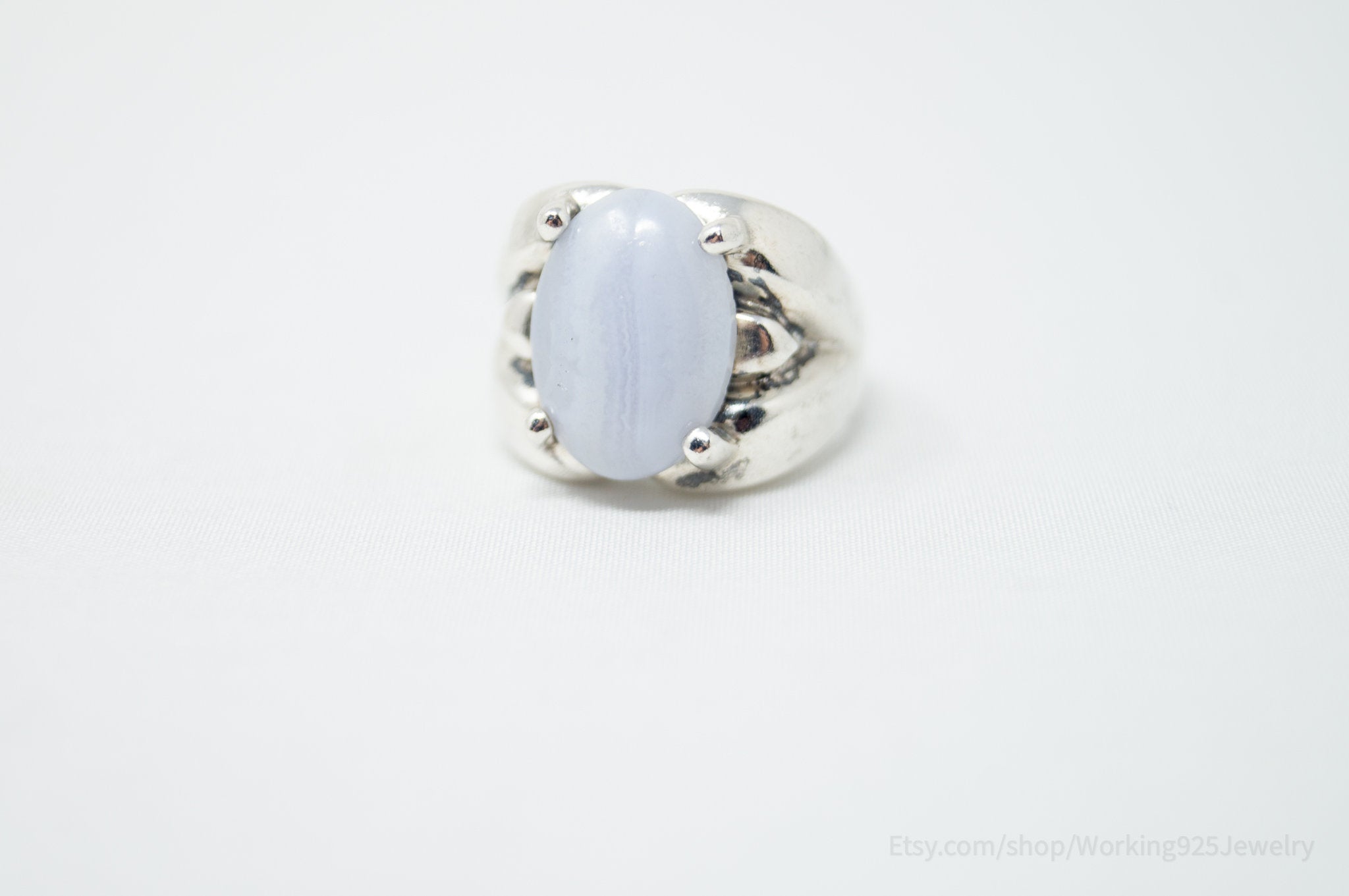 Vintage Designer Kabana Blue Lace Agate Western Sterling Silver Ring - Size 5