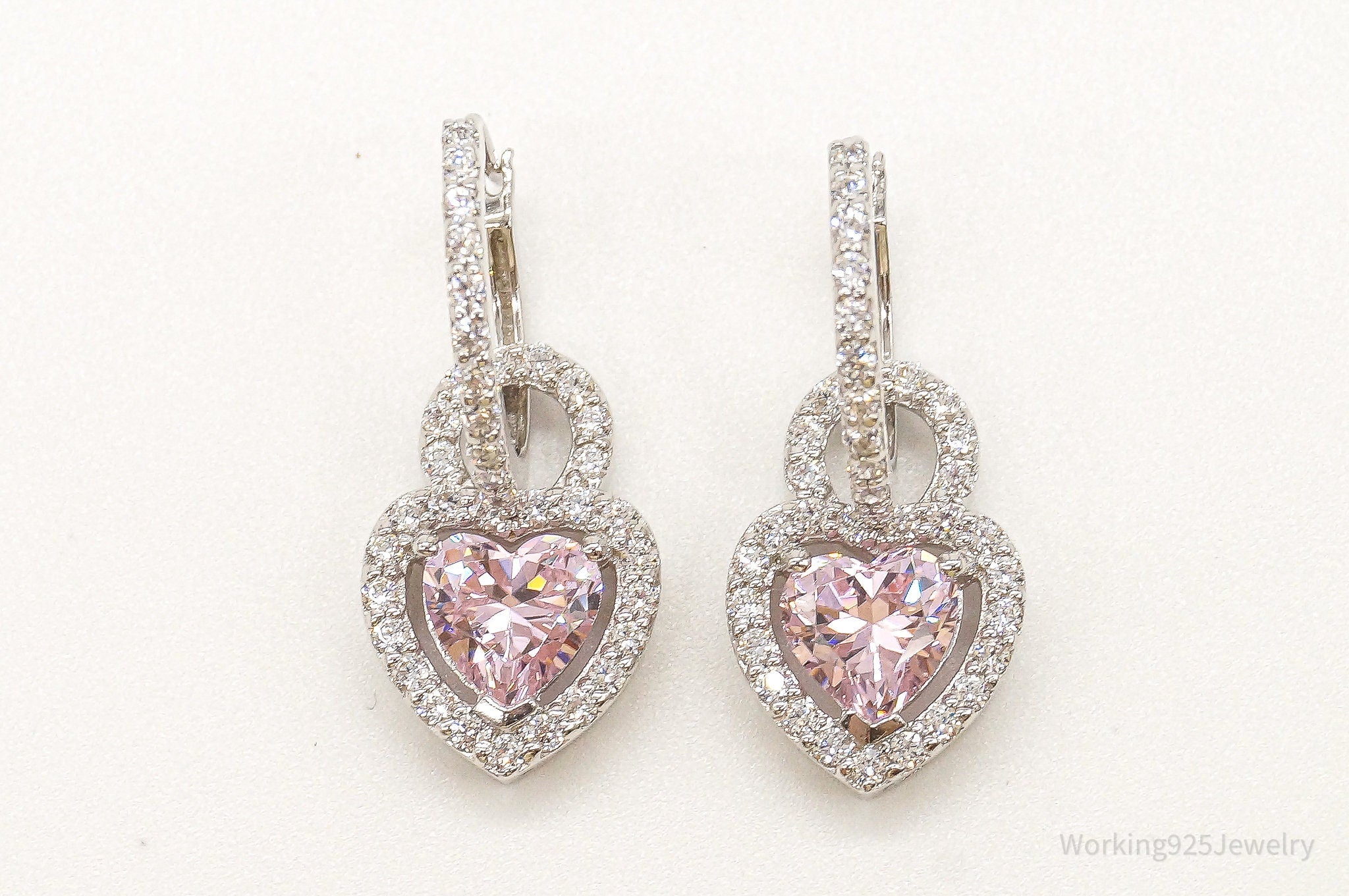 Pink & White Cubic Zirconia Hearts Sterling Silver Earrings