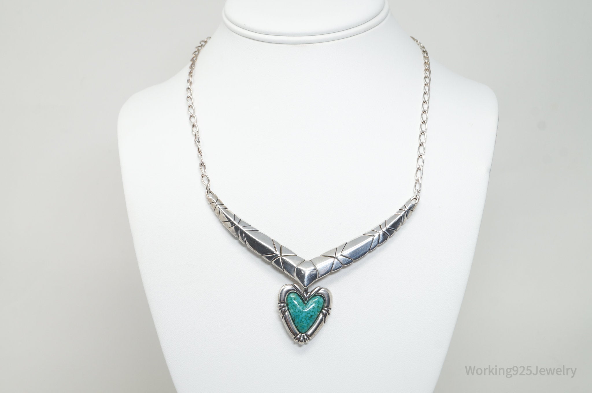 Vintage Designer Carolyn Pollack Turquoise Heart Sterling Silver Necklace