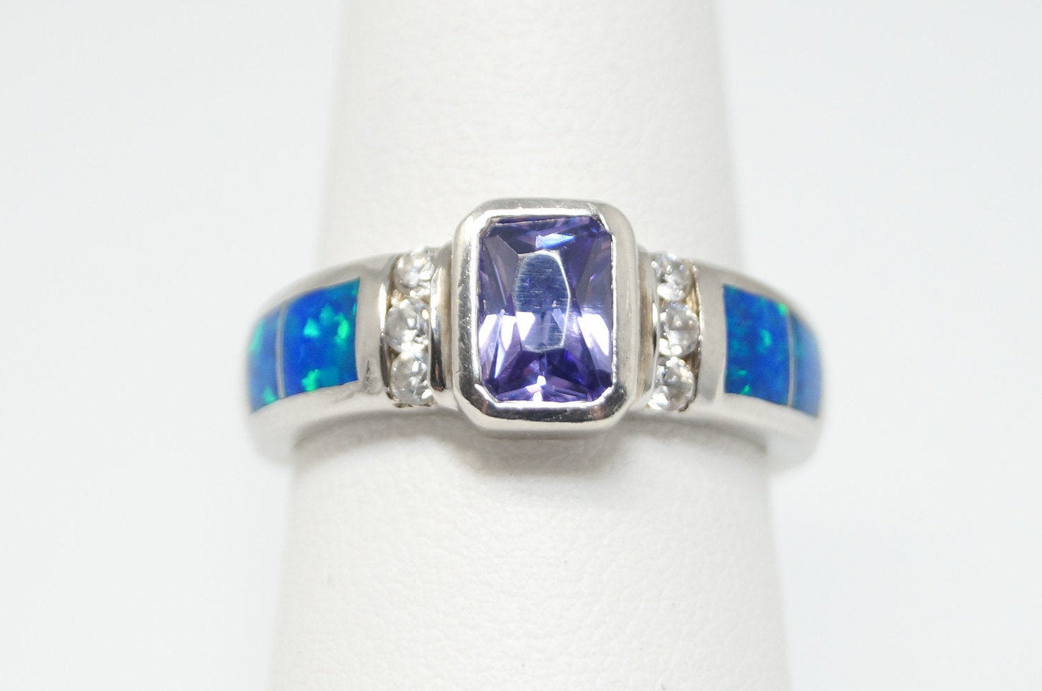 Vintage Designer AK Amethyst CZ Opal Sterling Silver Statement Ring - Sz 7.25