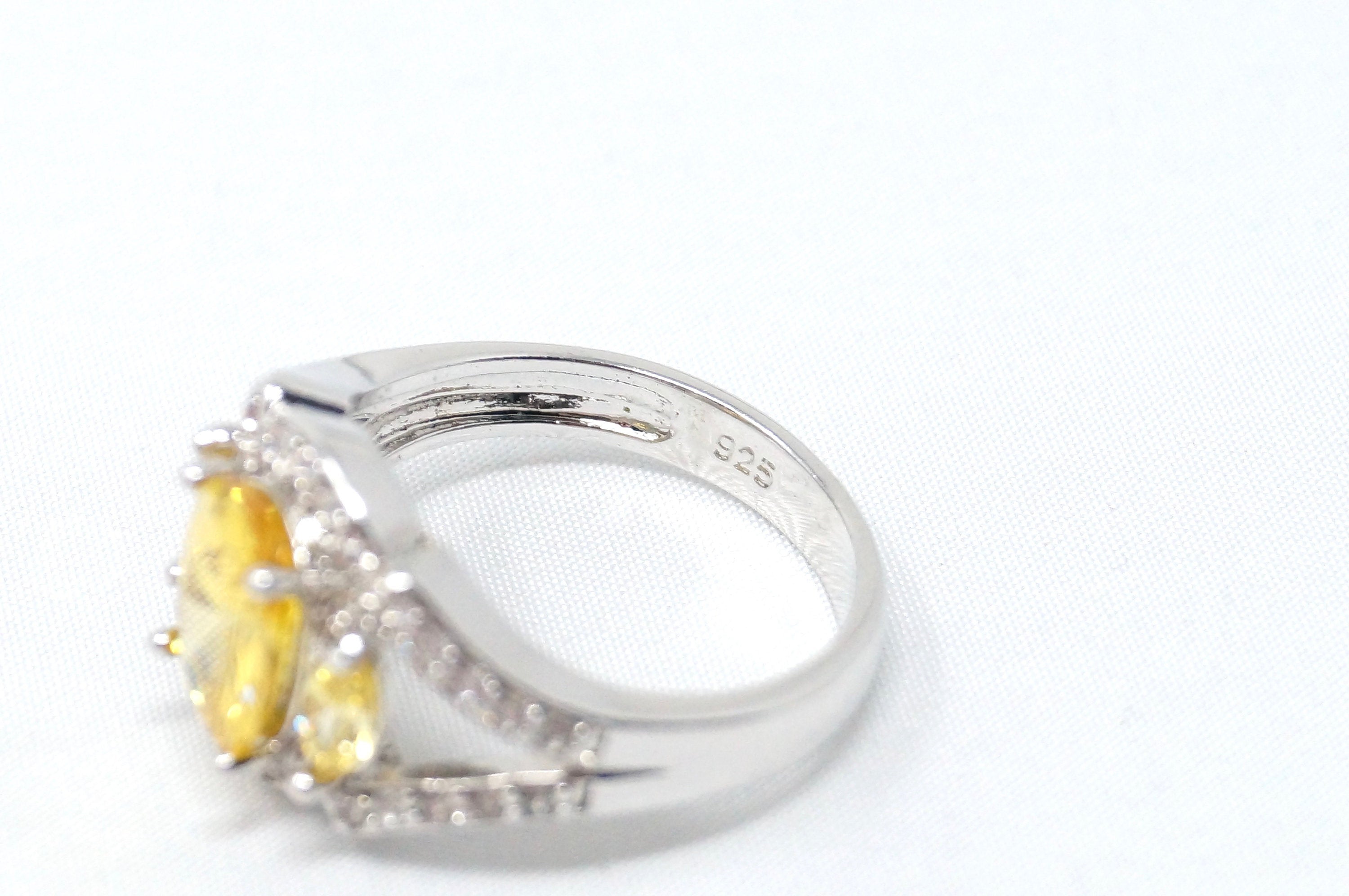 Art Deco Vintage Large Citrine Cz Accented Statement Ring Sterling Silver Sz 8