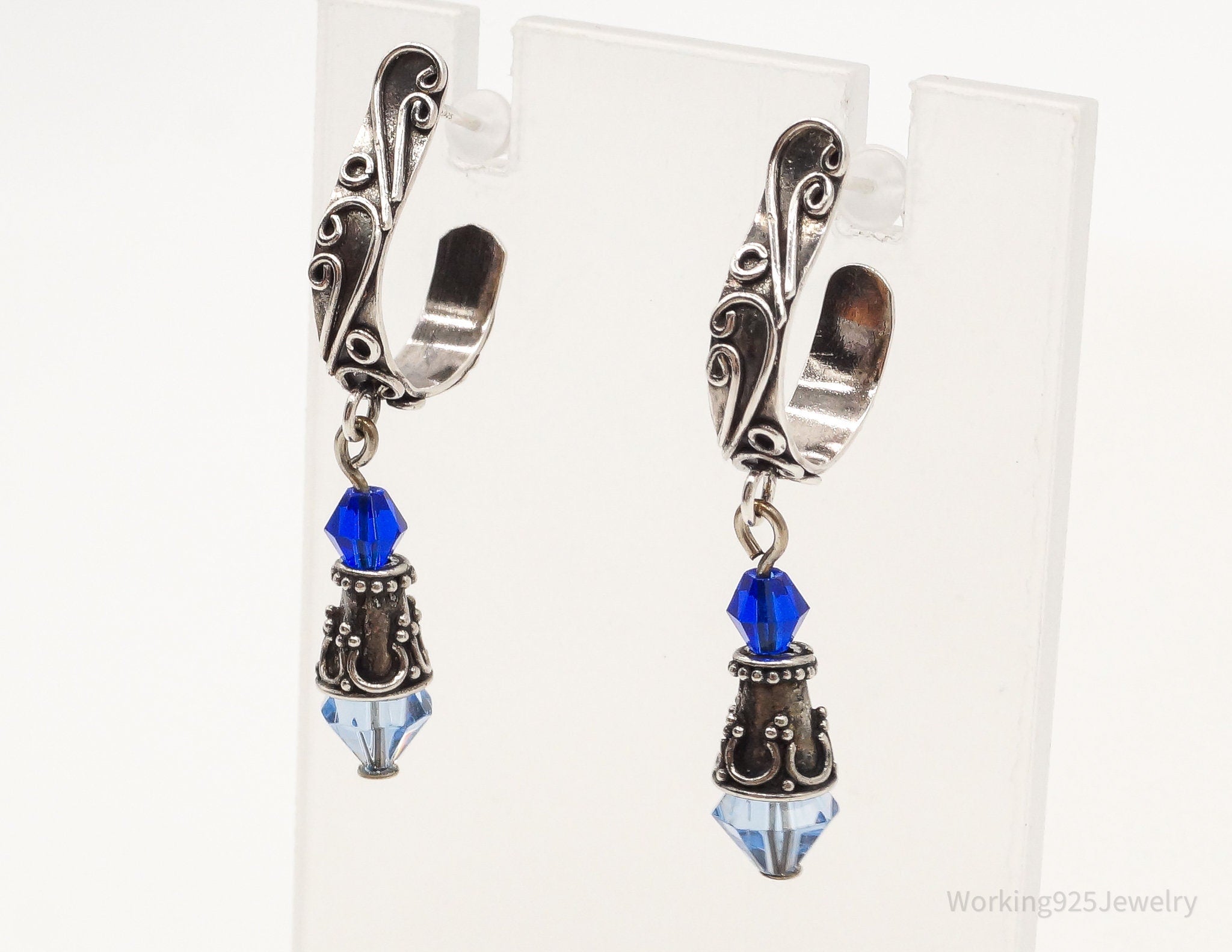 Vintage Bali Inspired Blue Bead Silver Earrings