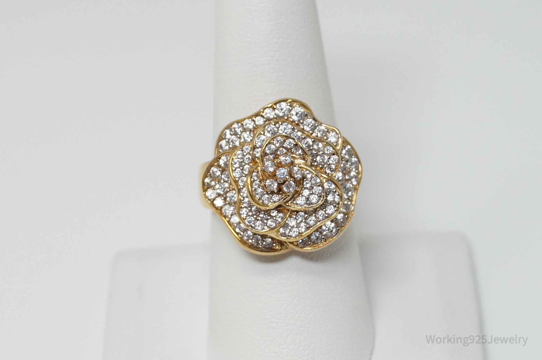 Vintage Designer SW Gold Vermeil CZ Rose Sterling Silver Ring - Sz 8