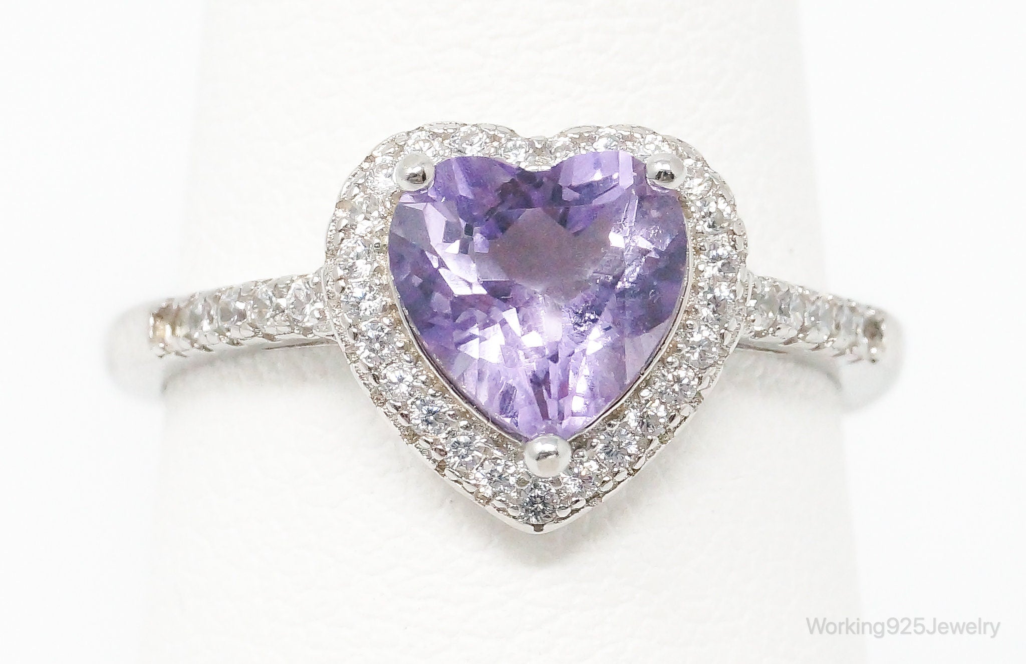 Large Amethyst Heart Cubic Zirconia Sterling Silver Ring - Size 7.25 Adjustable