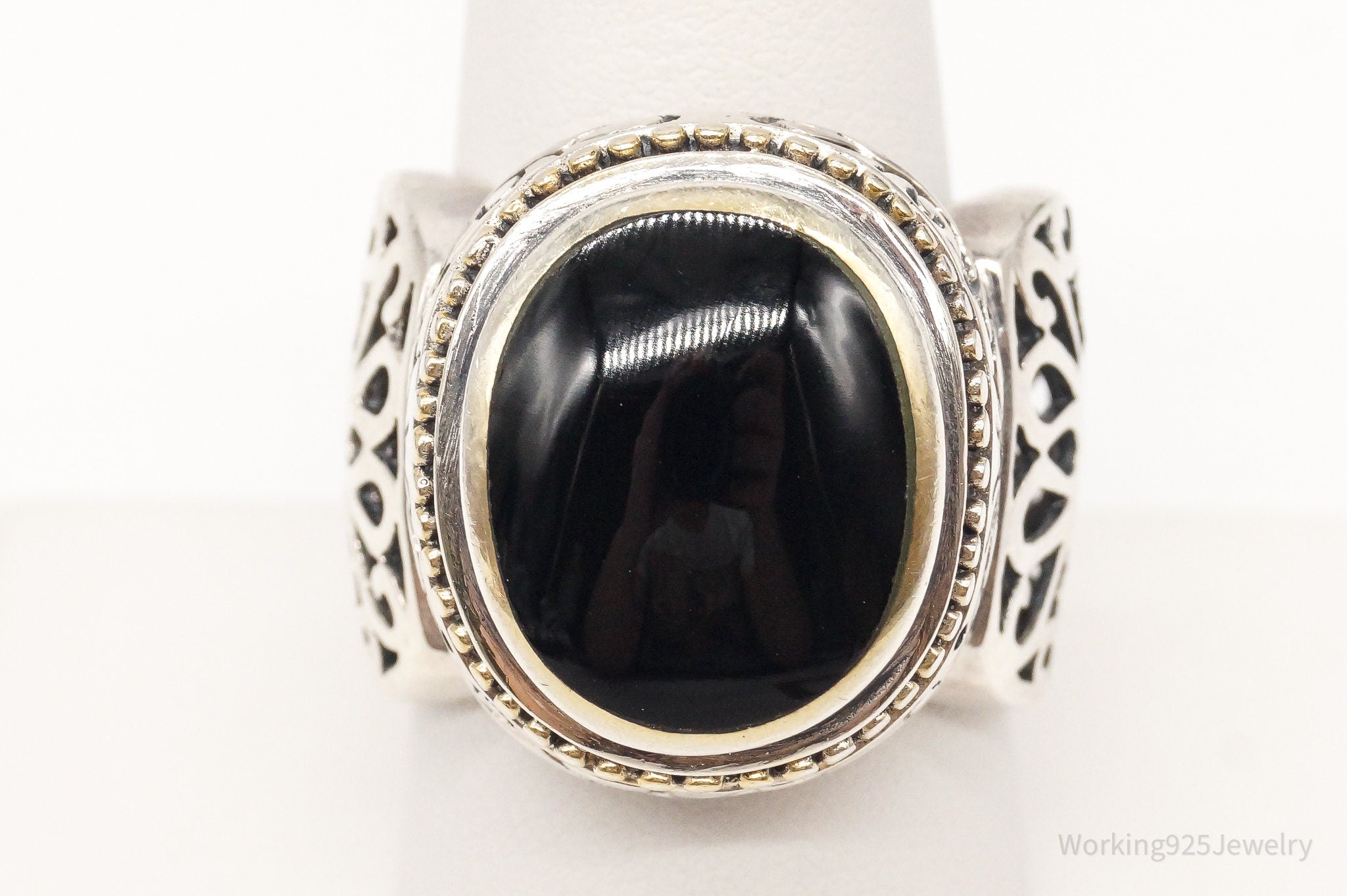 Vintage Designer FD Large Black Onyx Brass Sterling Silver Ring - Size 9