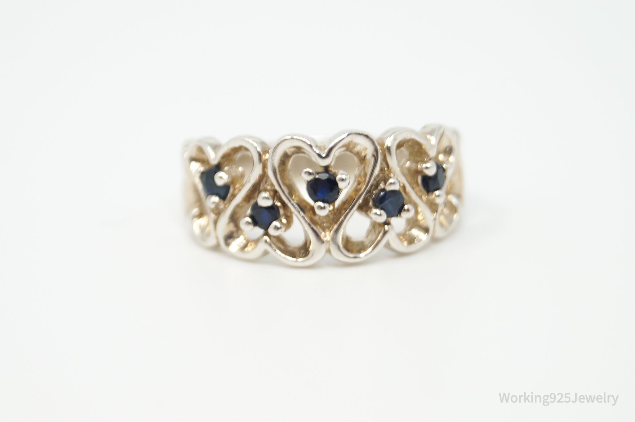 Vintage Designer JED Sapphire Hearts Sterling Silver Ring - Size 6