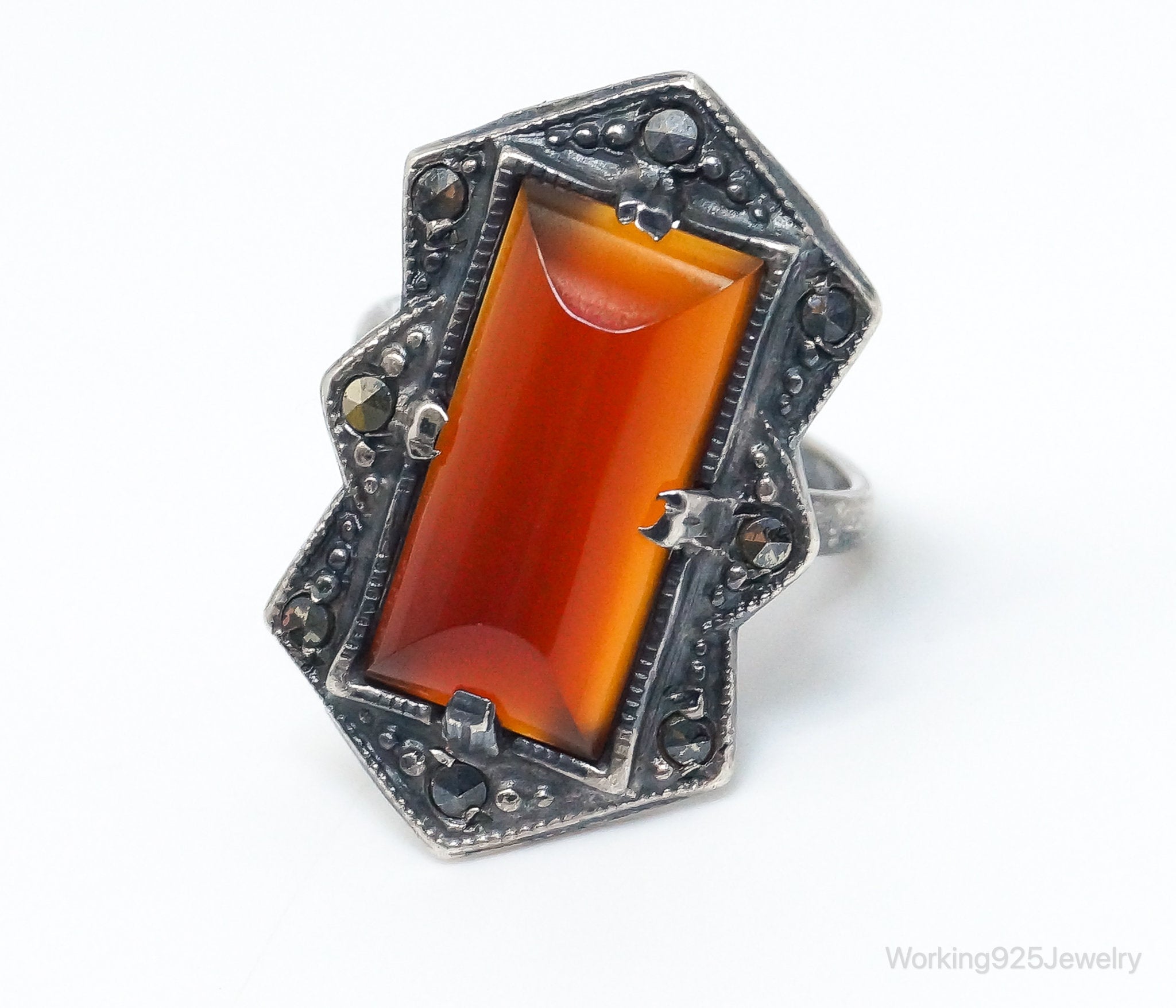 Antique Victorian Carnelian Marcasite Sterling Silver Ring - SZ 4.75