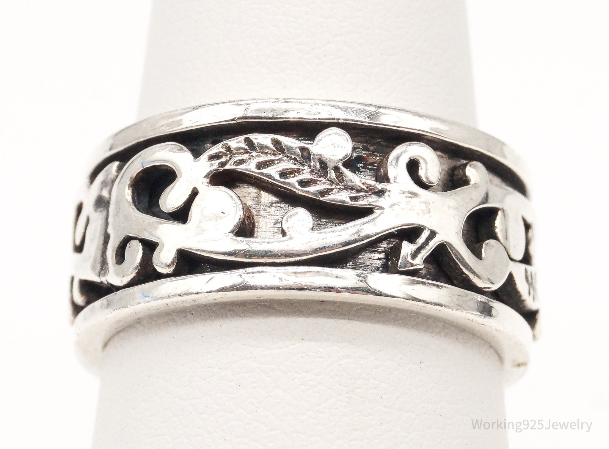 Vintage Floral Leaf Sterling Silver Spinner Ring - Size 7.25