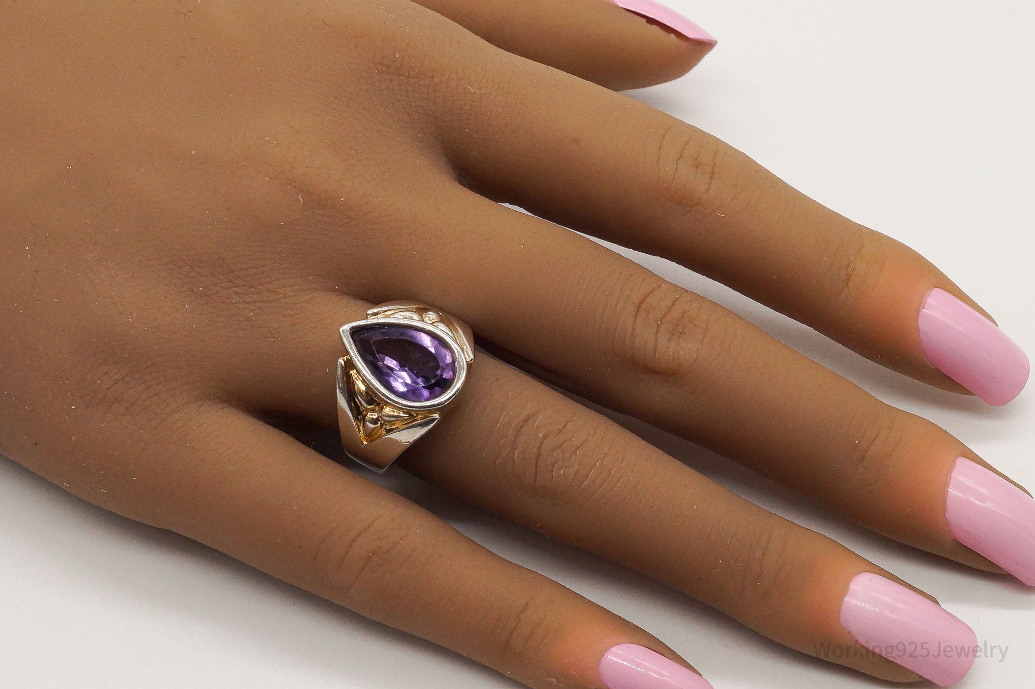 Vintage Large Amethyst Gold Vermeil Sterling Silver Ring - Size 7.25