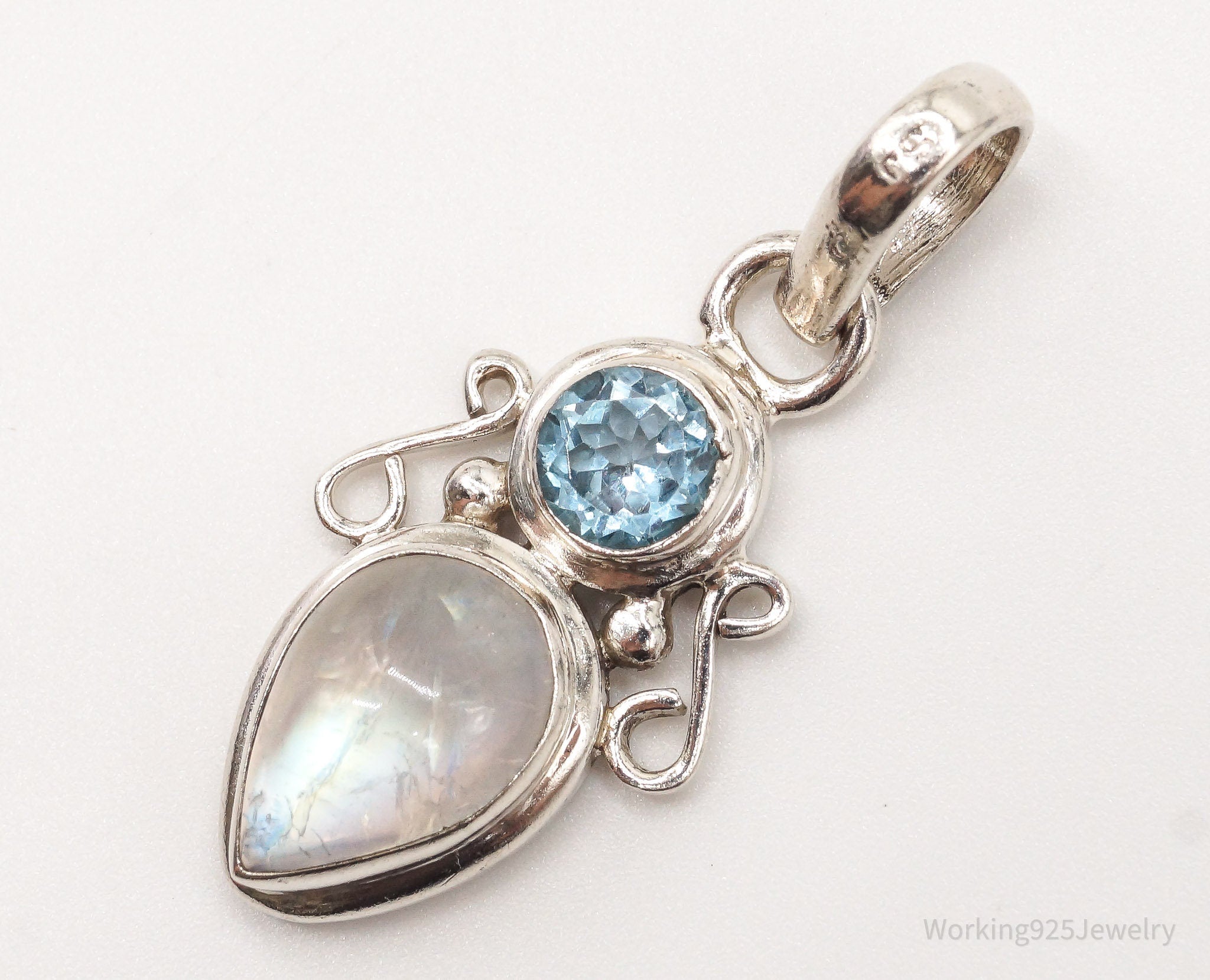 Vintage Designer SJ Blue Topaz Moonstone Sterling Pendant