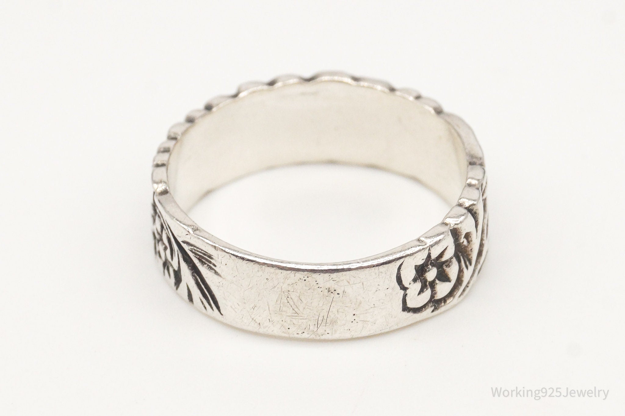 Vintage Flowers Sterling Silver Band Ring - Size 7.5