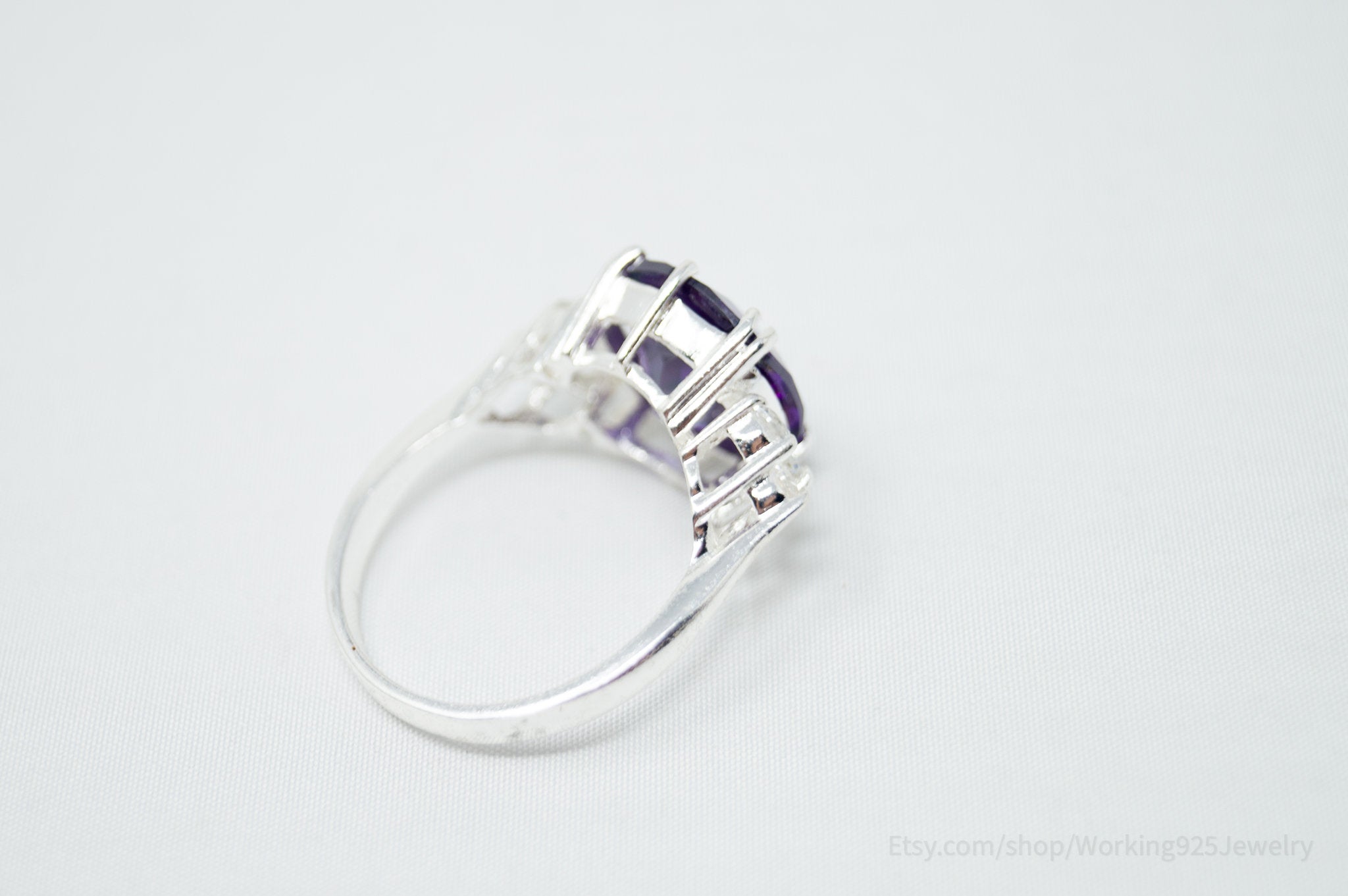 Vintage Art Deco Style Amethyst CZ Statement Ring Sterling Silver - Sz 9