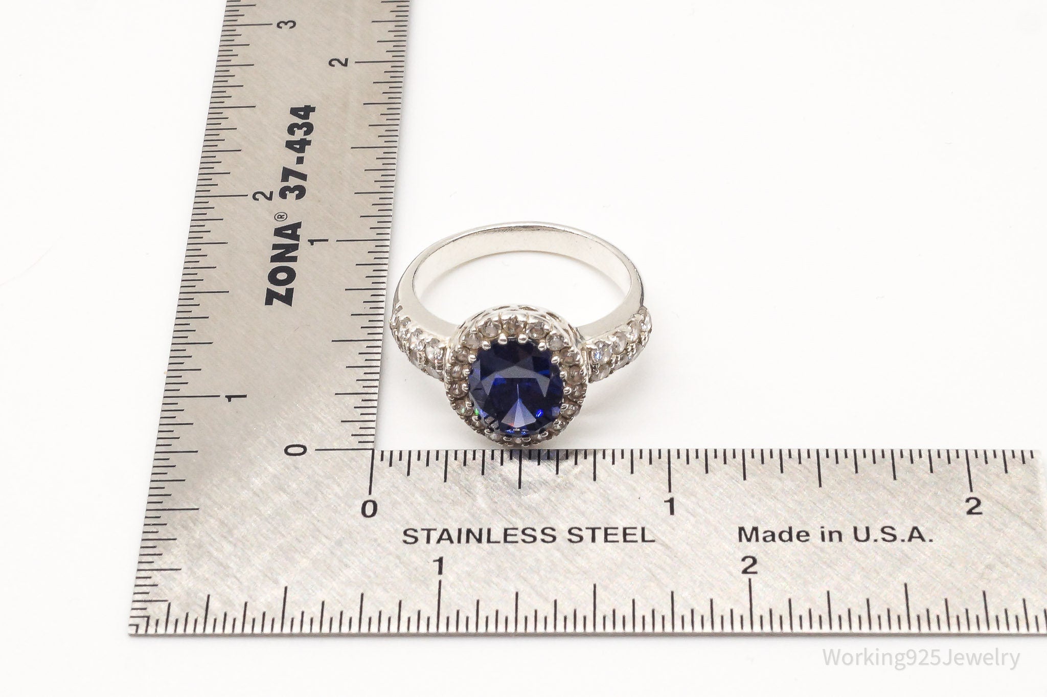 Vintage Blue & White Cubic Zirconia Sterling Silver Ring - Size 9