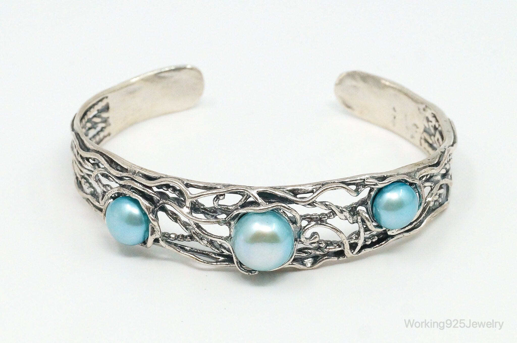 Vintage Designer Didae Blue Pearl Sterling Silver Cuff Bracelet