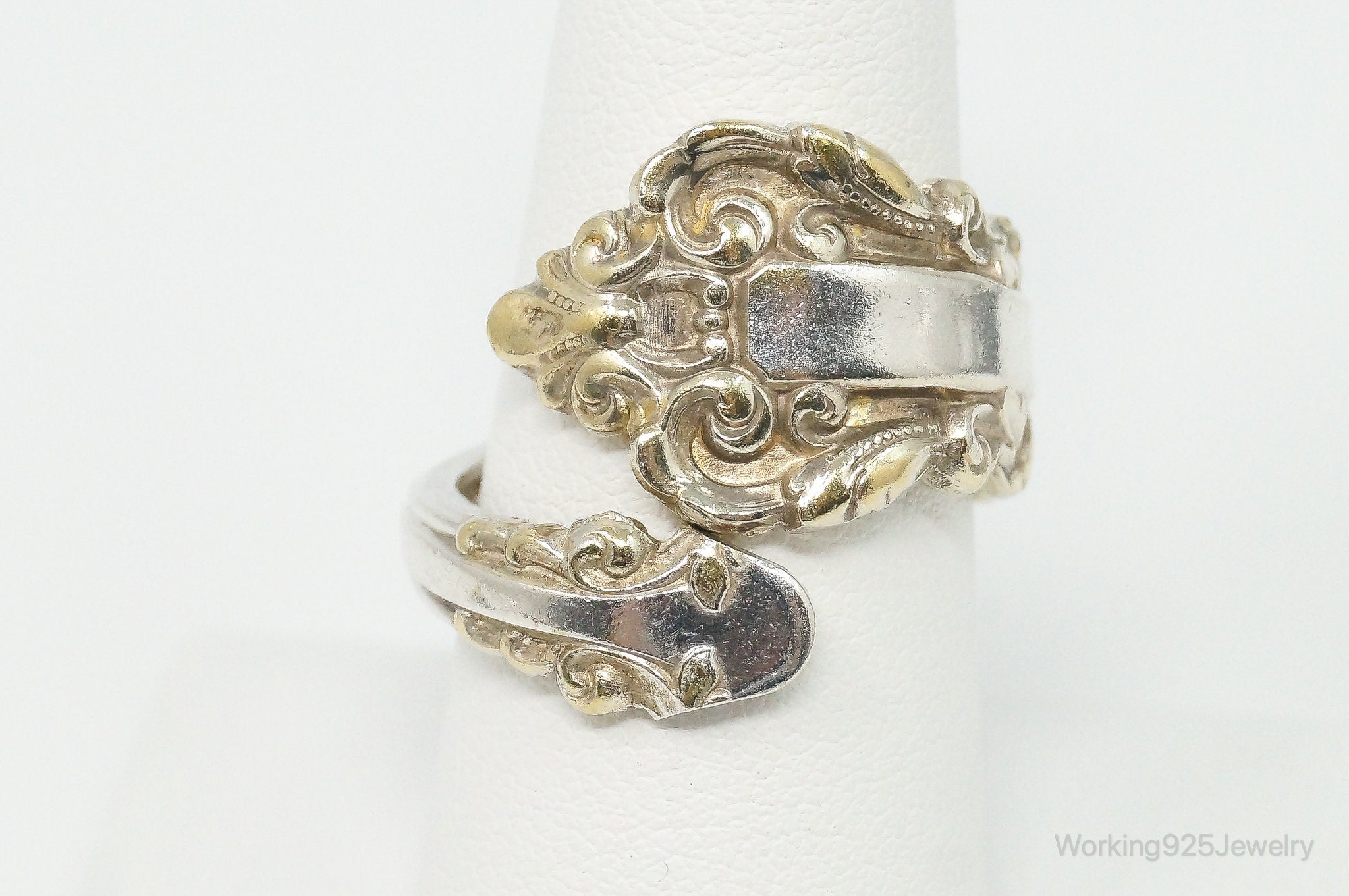 Antique Designer GORHAM Floral Sterling Silver Wrap Spoon Ring - Size 7.75