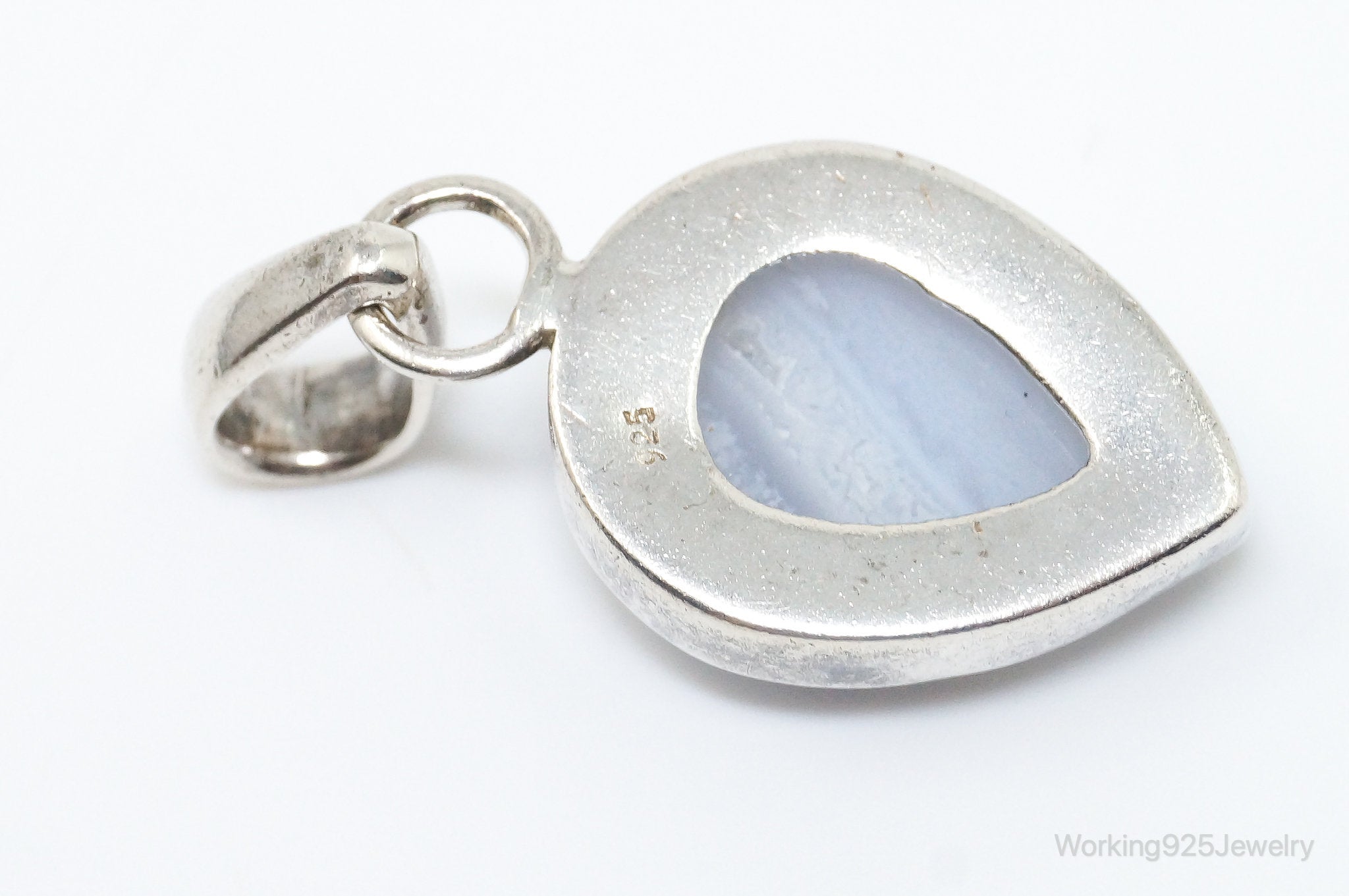 Vintage Blue Lace Agate Moon Face Sterling Silver Pendant