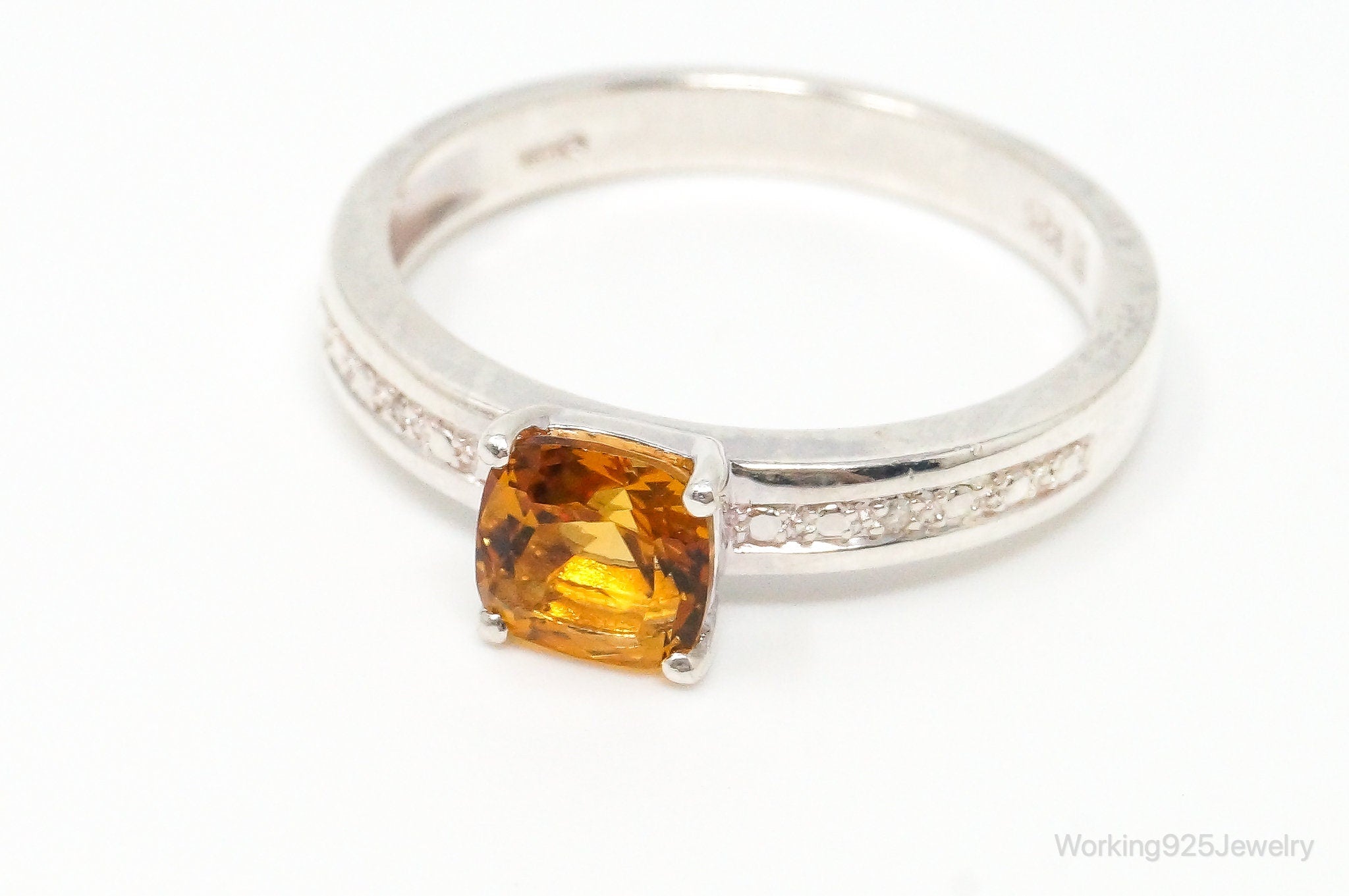 Vintage Cushion Solitaire Citrine 2 Diamond Sterling Silver Ring Size 9