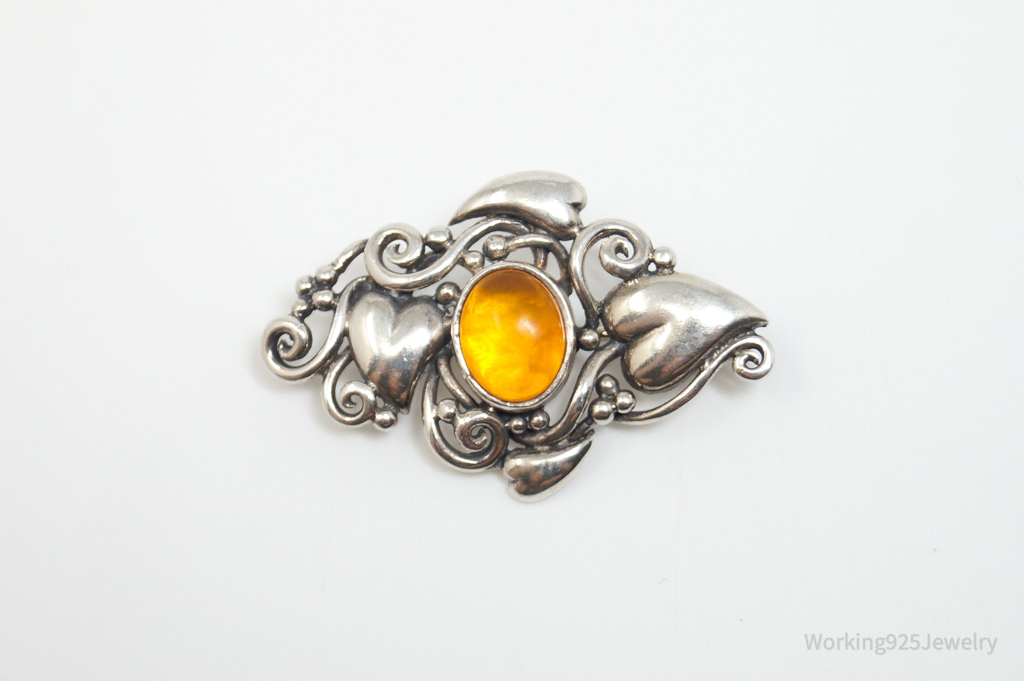 Vintage Designer BOMA Amber Heart Sterling Silver Brooch Pin