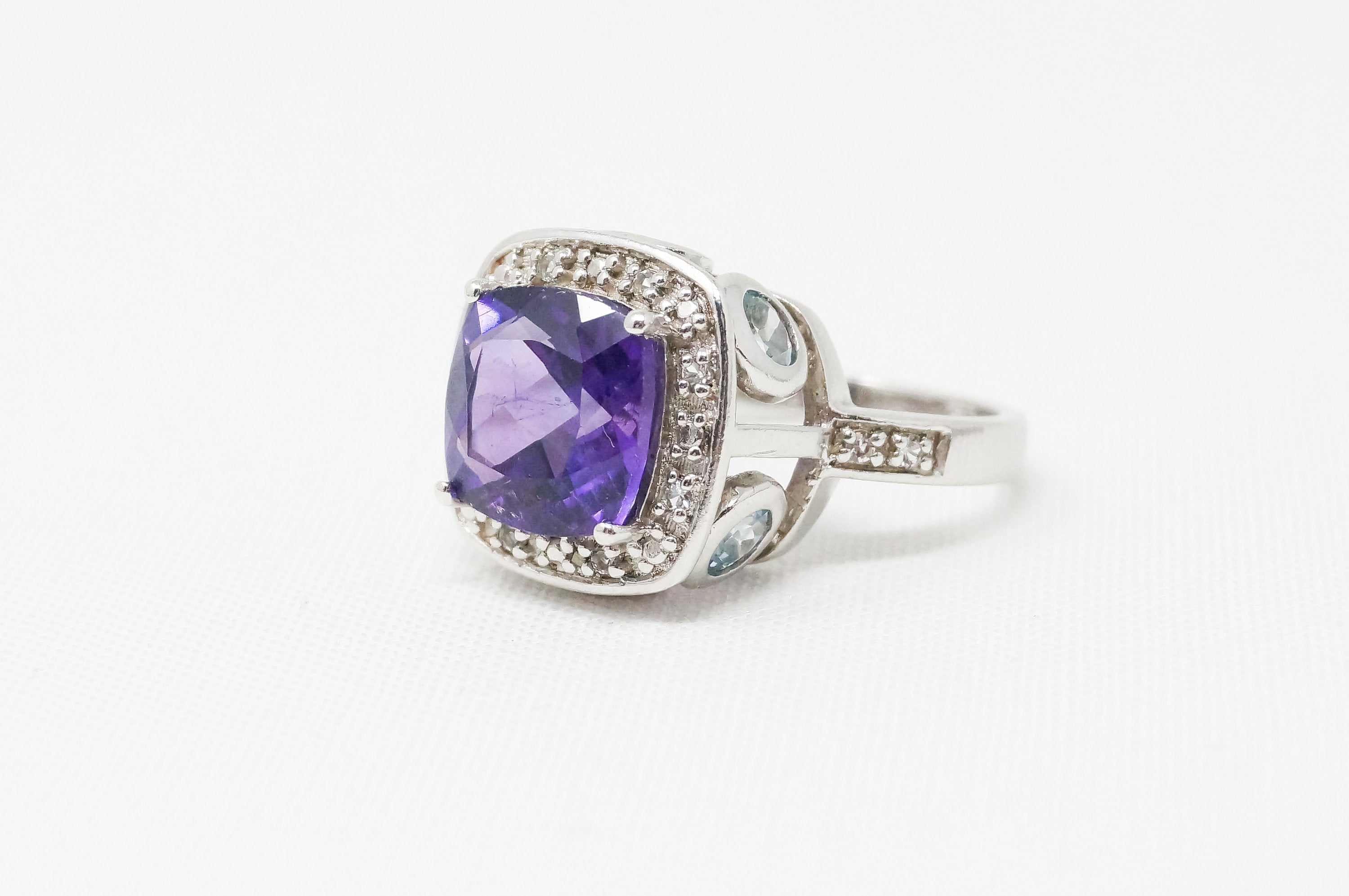 Vintage Amethyst Pink Sapphire Heart Blue Topaz CZ Sterling Silver Ring Sz 6.75