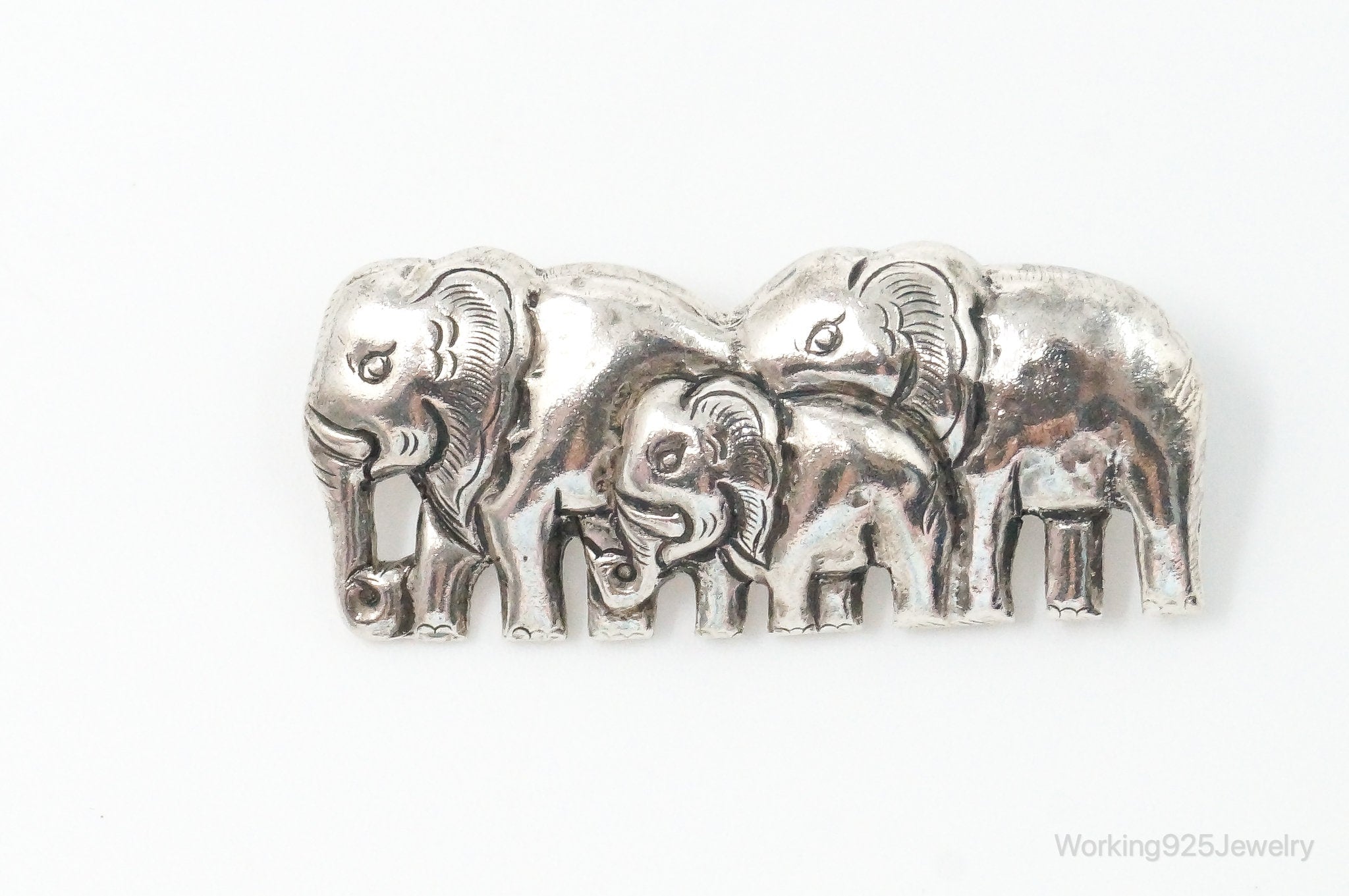 Vintage Elephant Family Sterling Silver Brooch Pin