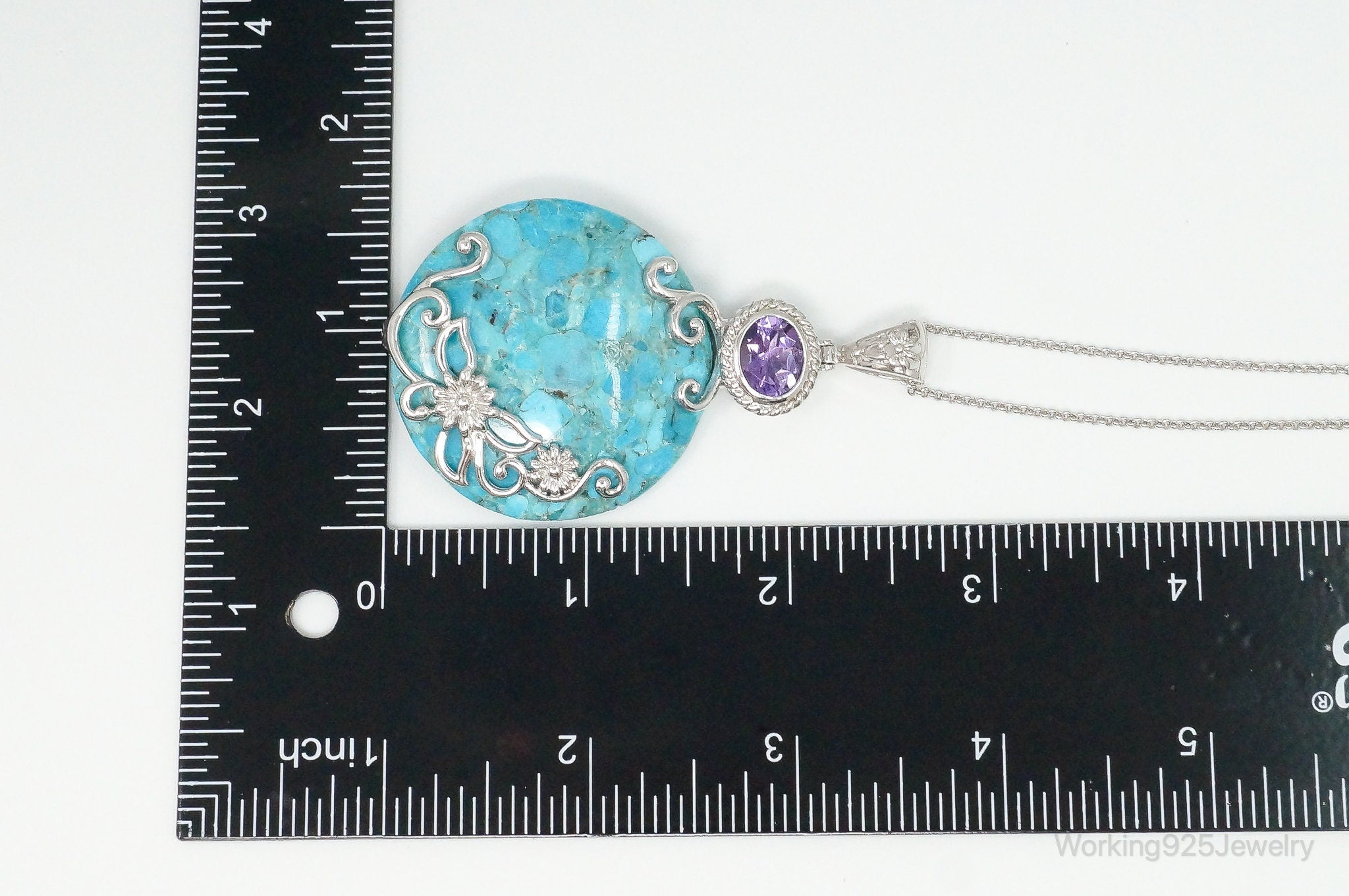 Designer Large Blue Mojave Turquoise Amethyst Sterling Silver Necklace