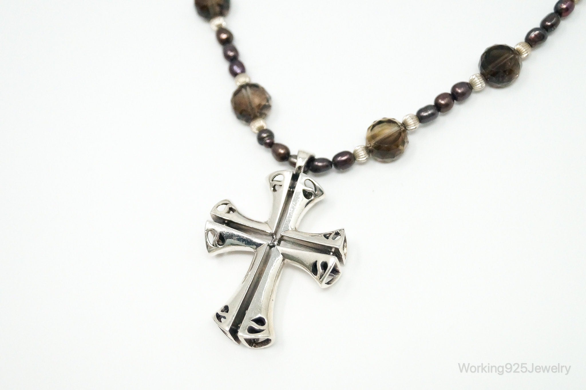 Designer Large Cross Smoky Topaz Pearl Sterling Silver Necklace