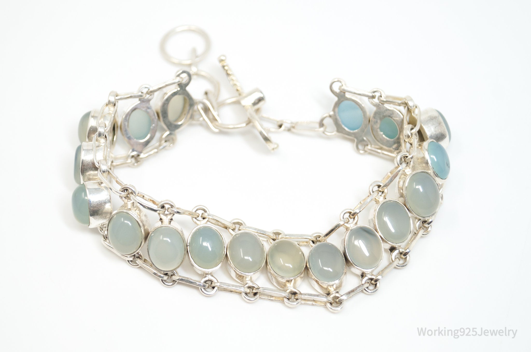 Vintage Bali Style Chalcedony Sterling Silver Toggle Bracelet