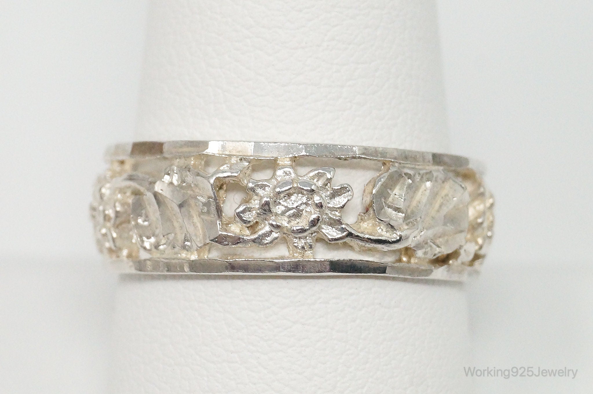 Vintage 1950s Flower Vines Cut Out Sterling Silver Band Ring - Size 10.25