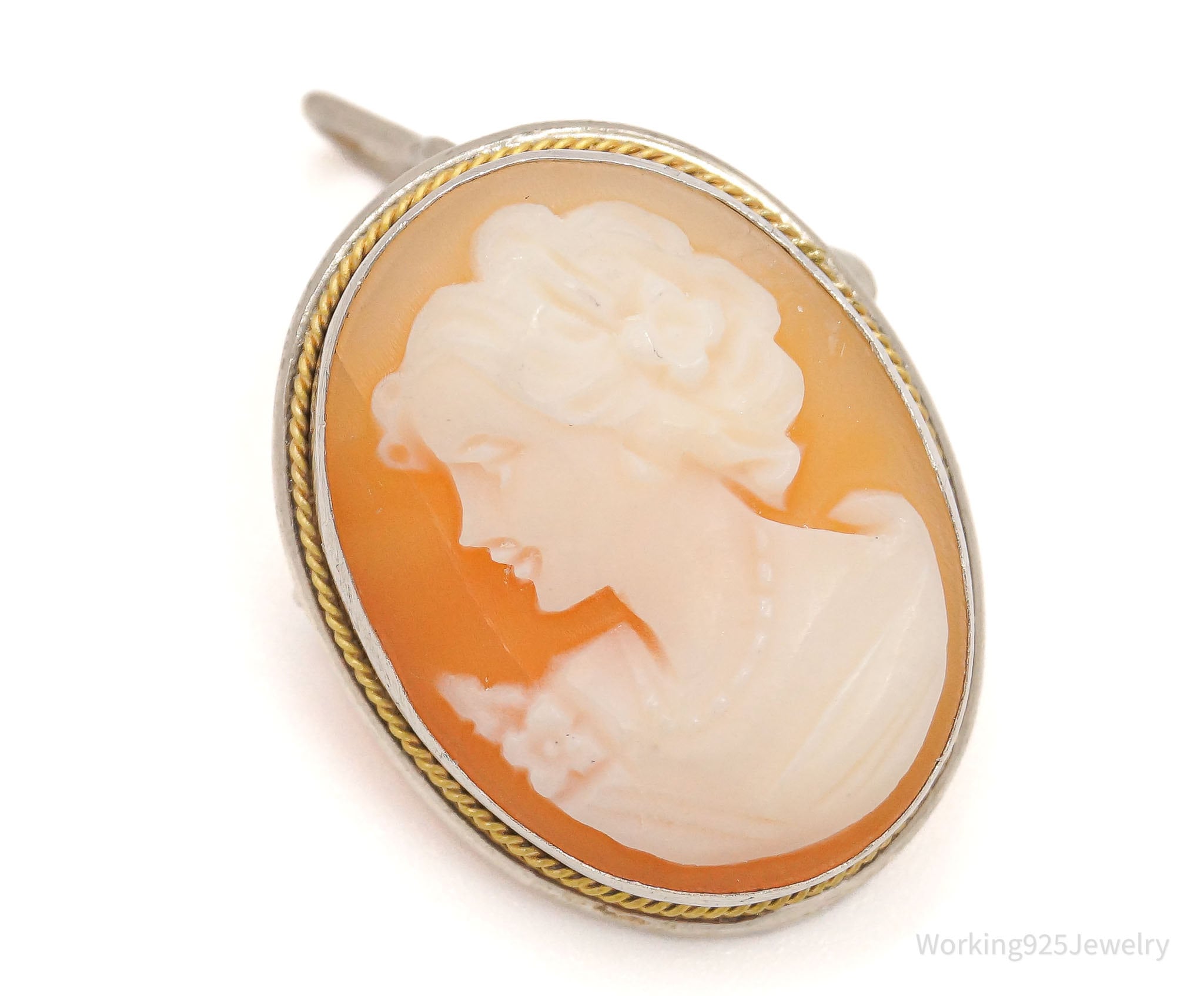 Antique Carved Shell Lady Cameo Brass Silver Pendant Pin