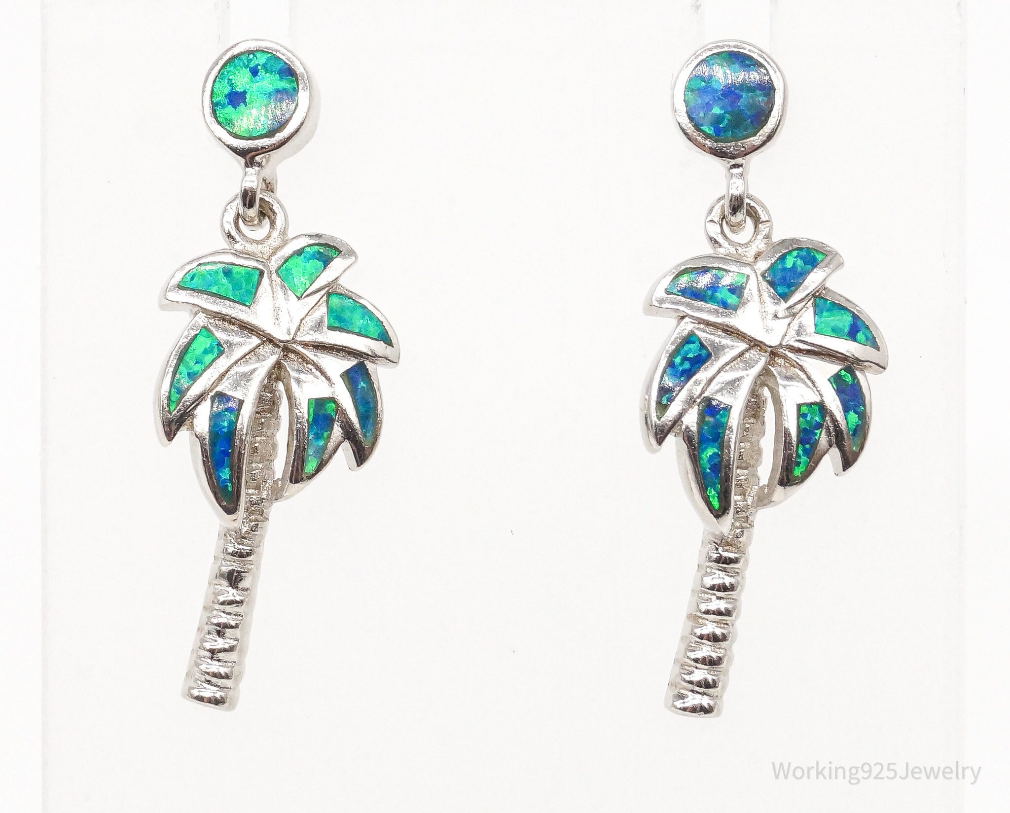 Vintage Fire Opal Inlay Palm Trees Sterling Silver Earrings