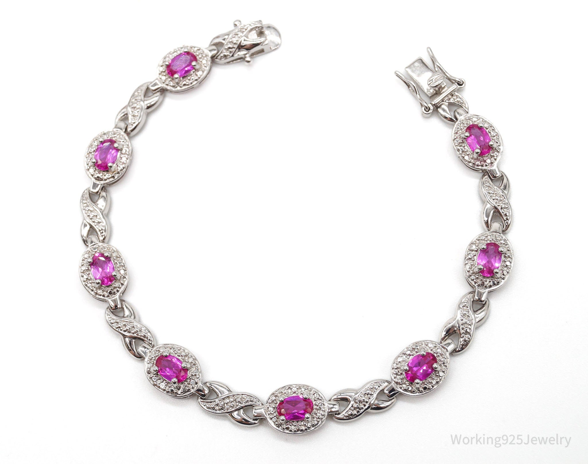 Designer Ross Simons Lab Pink Sapphires & 1 Diamond Sterling Silver Bracelet