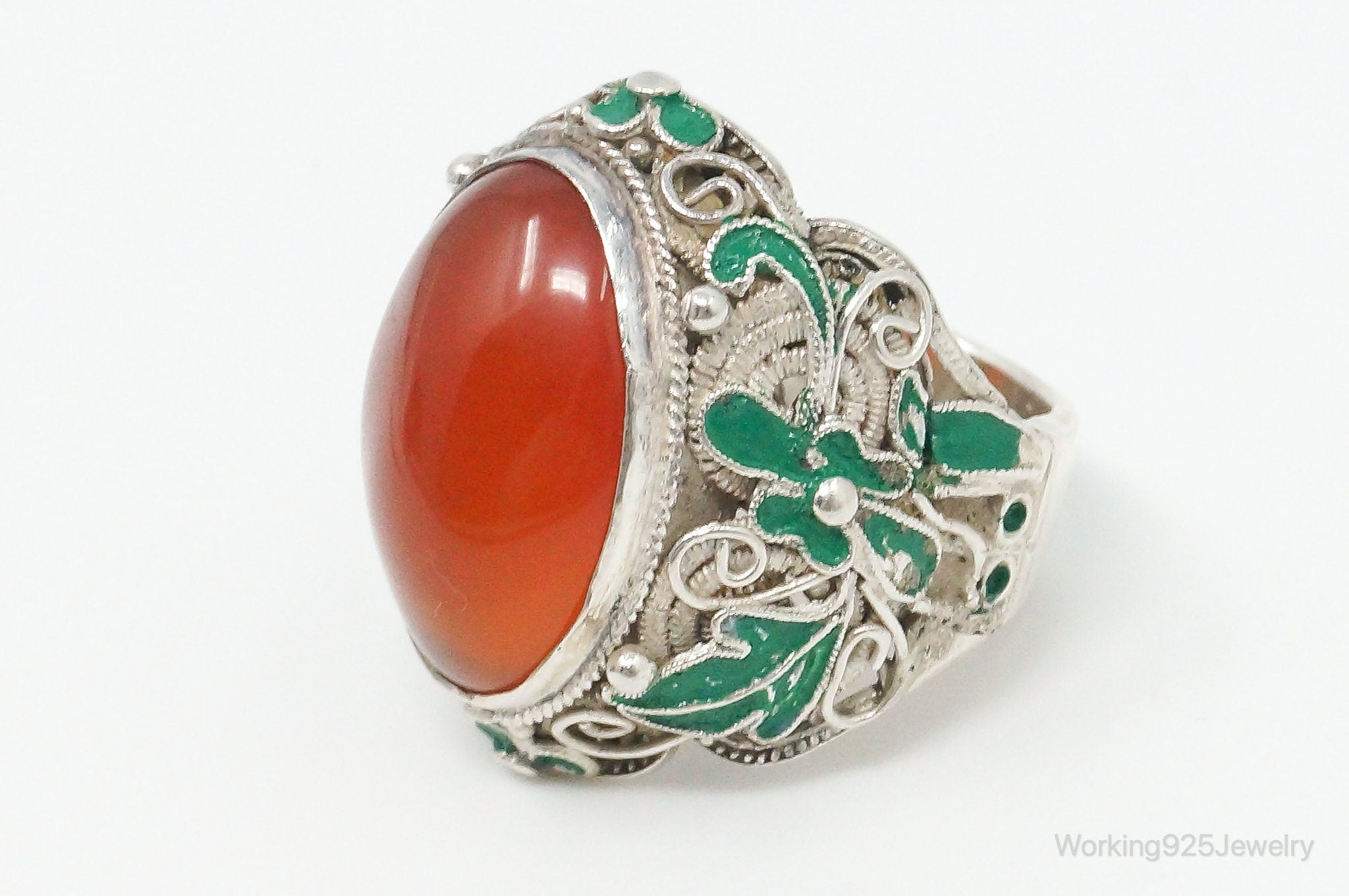 Vintage Large Carnelian Enamel Filigree Silver Ring - Size 5.25