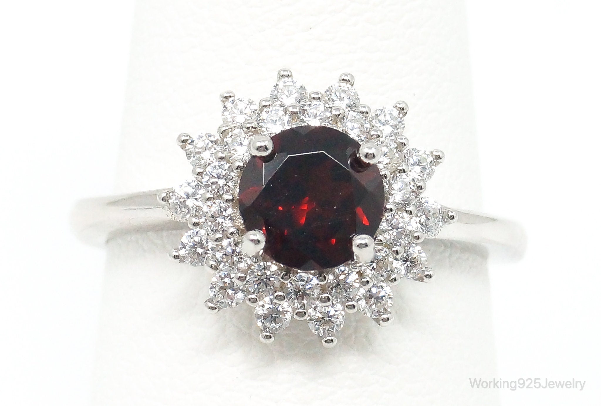 Vintage Garnet Cubic Zirconia Sterling Silver Ring - Size 6.75 Adjustable