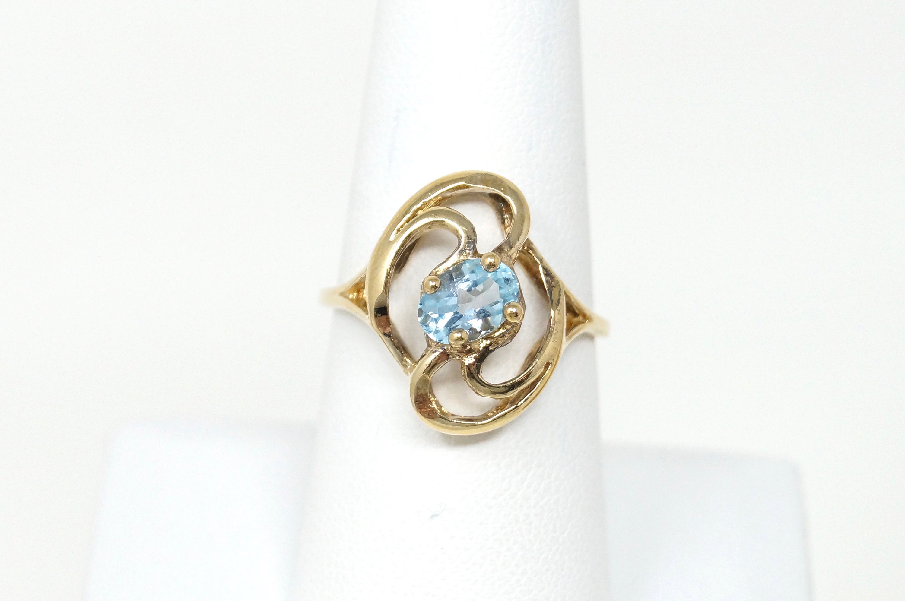 Vintage Art Deco Style Blue Topaz Gold Vermeil Sterling Silver Ring - Size 7.5