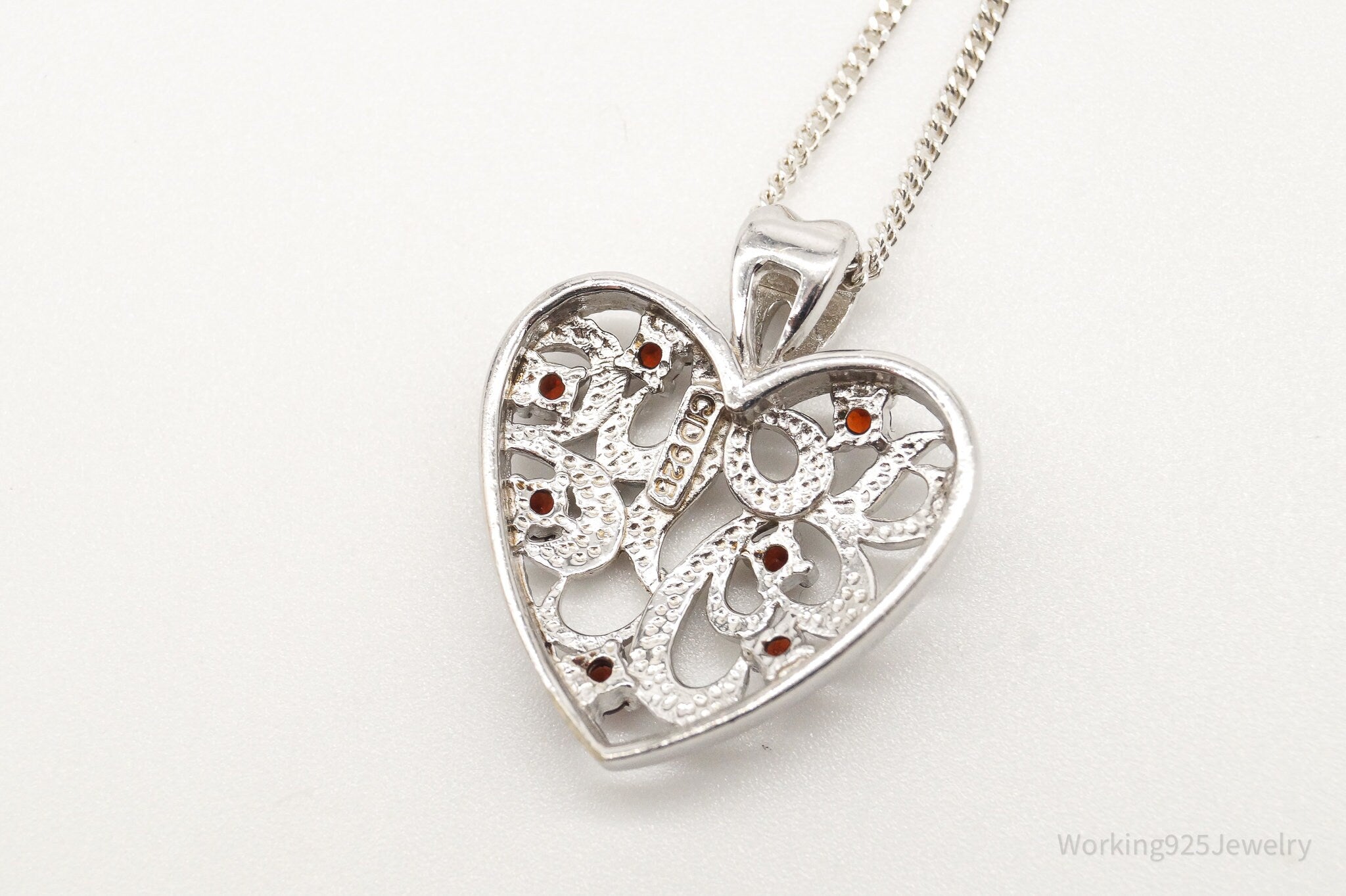 Vintage Garnet Heart Sterling Silver Necklace