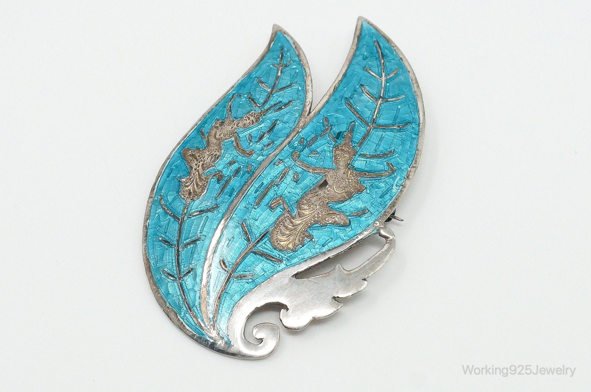 Vintage Designer SIAM Dancer Blue Enamel Sterling Silver Brooch Pin