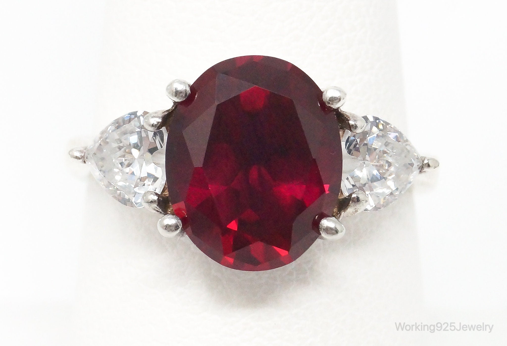 Vintage Lab Ruby Cubic Zirconia Sterling Silver Ring - Size 8