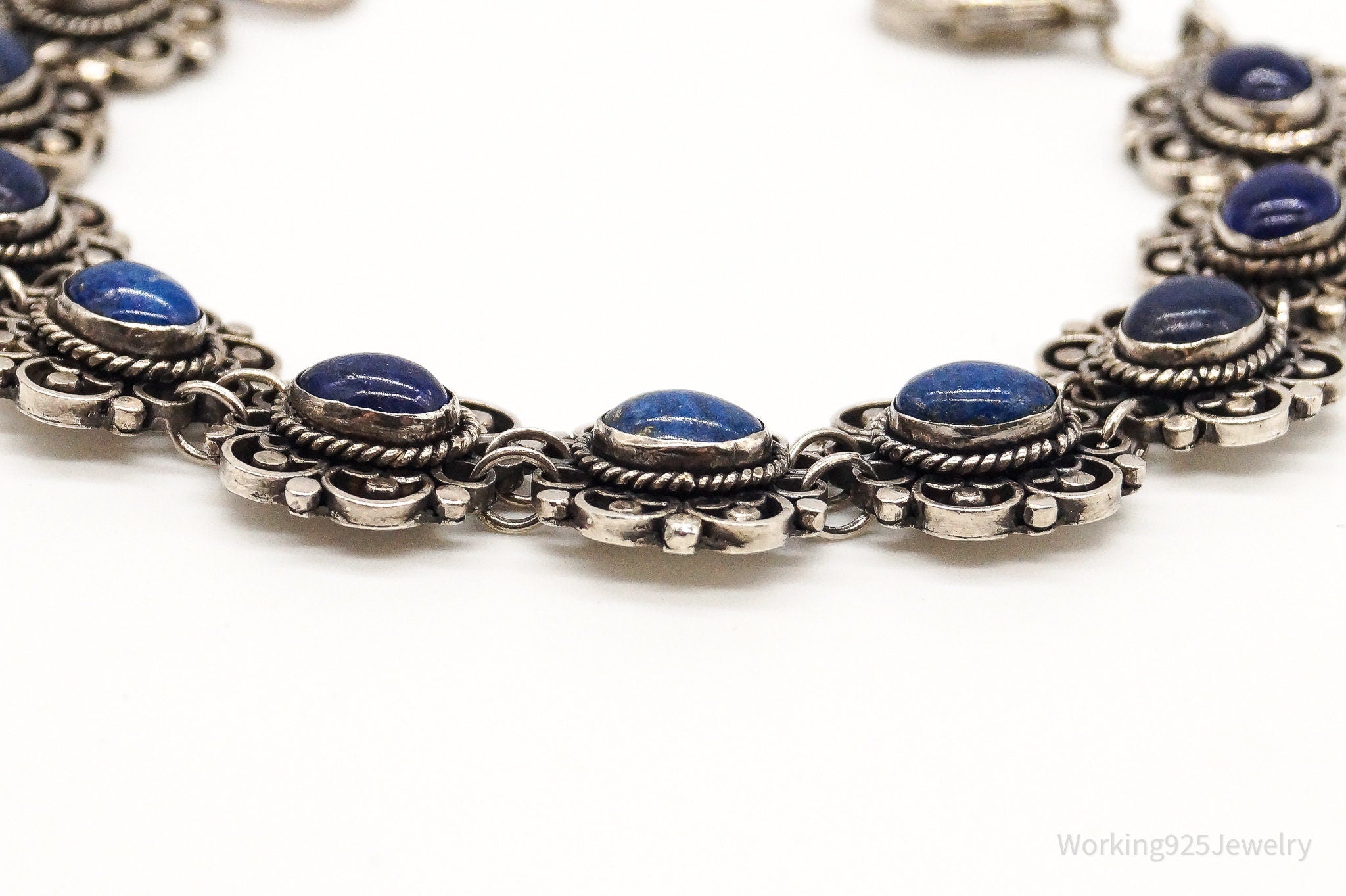 Vintage Lapis Lazuli Flowers Sterling Silver Bracelet