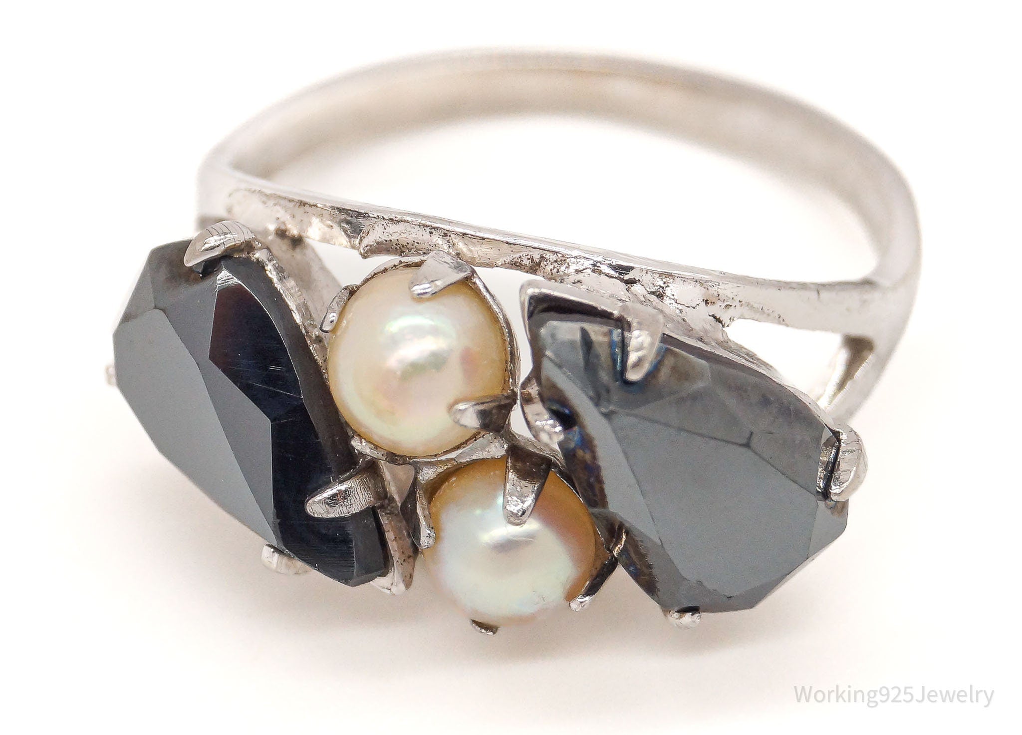 Antique Hematite Pearl Rhodium Plated Sterling Silver Ring - Size 6.5