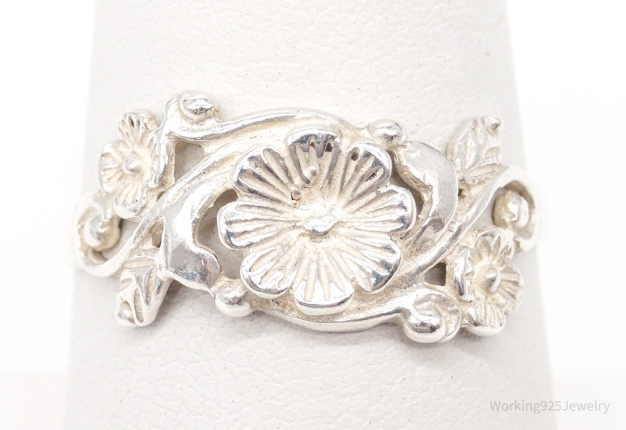 Vintage Floral Flower Sterling Silver Ring Size 7.5