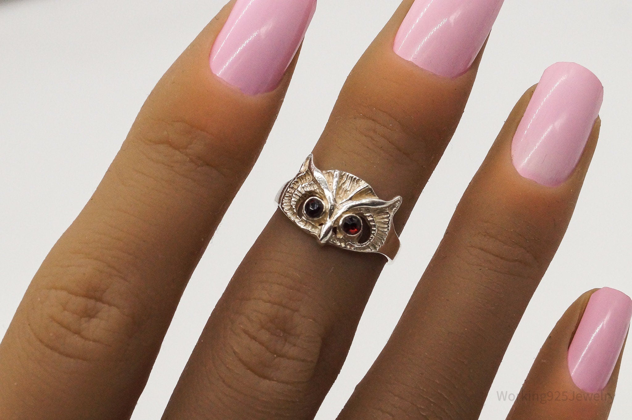 Vintage Garnet Eyed Owl Sterling Silver Ring - Size 4.5