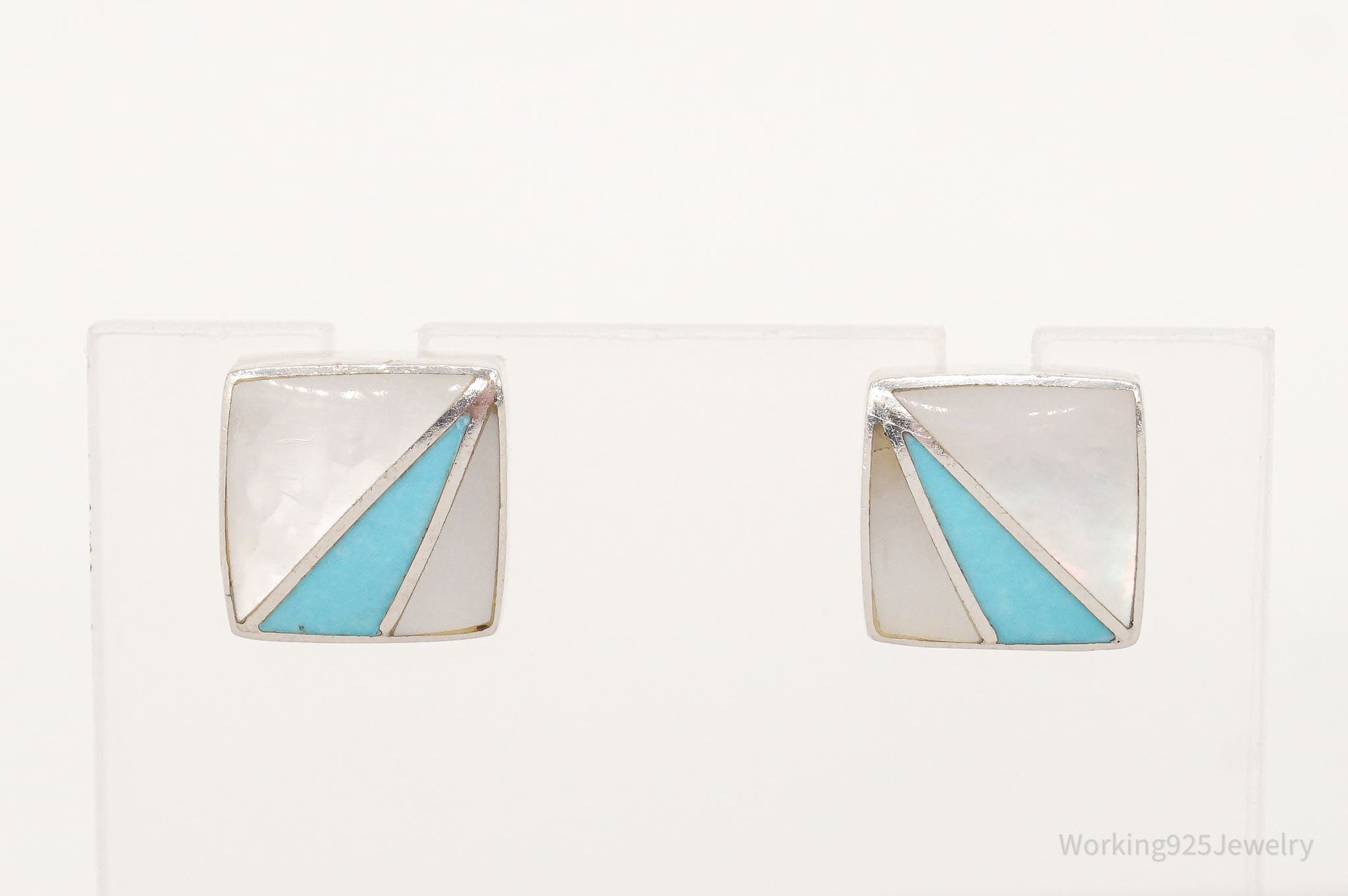 Vintage 90s Designer Acleoni Mother Of Pearl Turquoise Sterling Silver Earrings