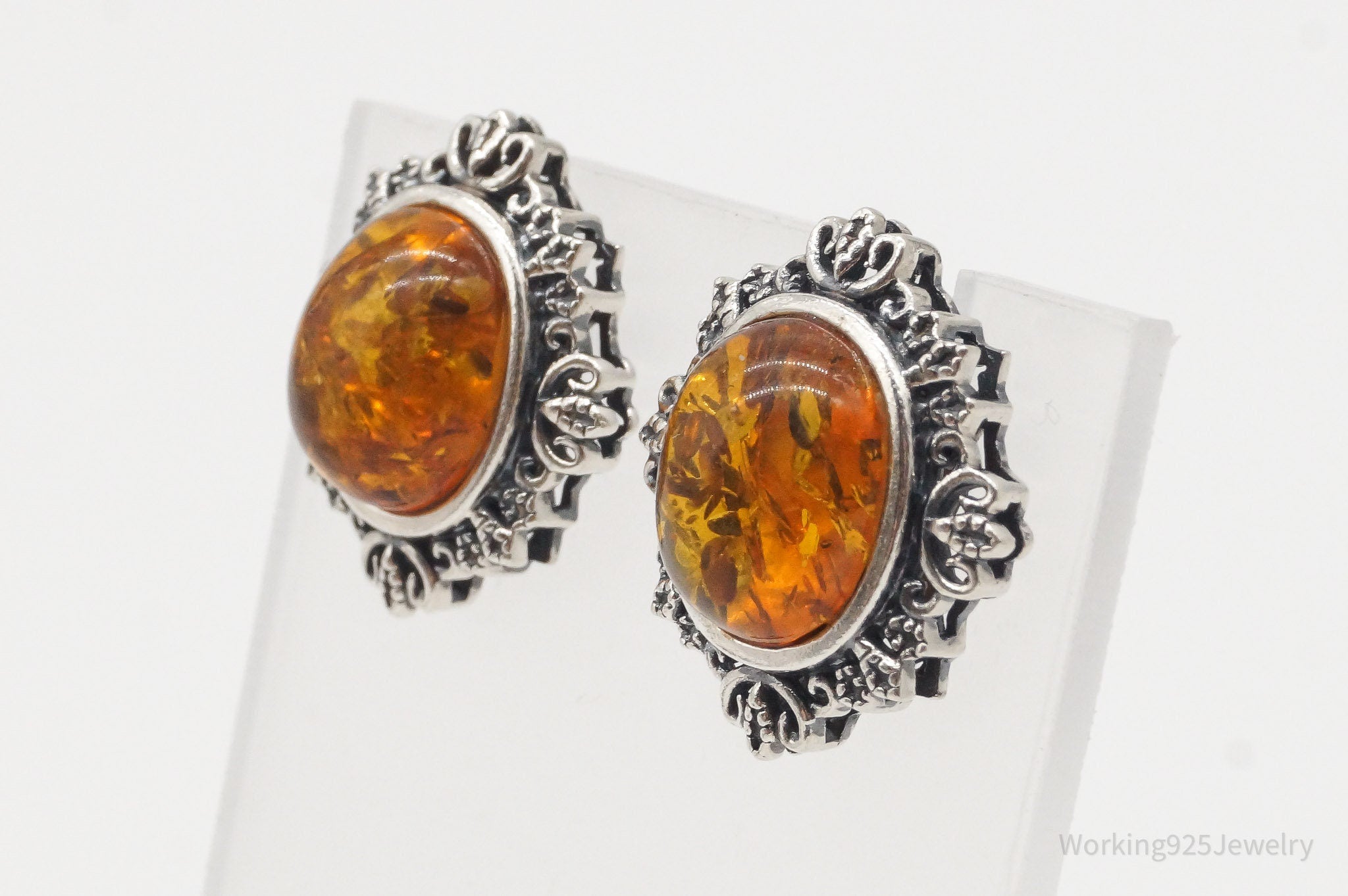 Vintage Amber Sterling Silver Earrings