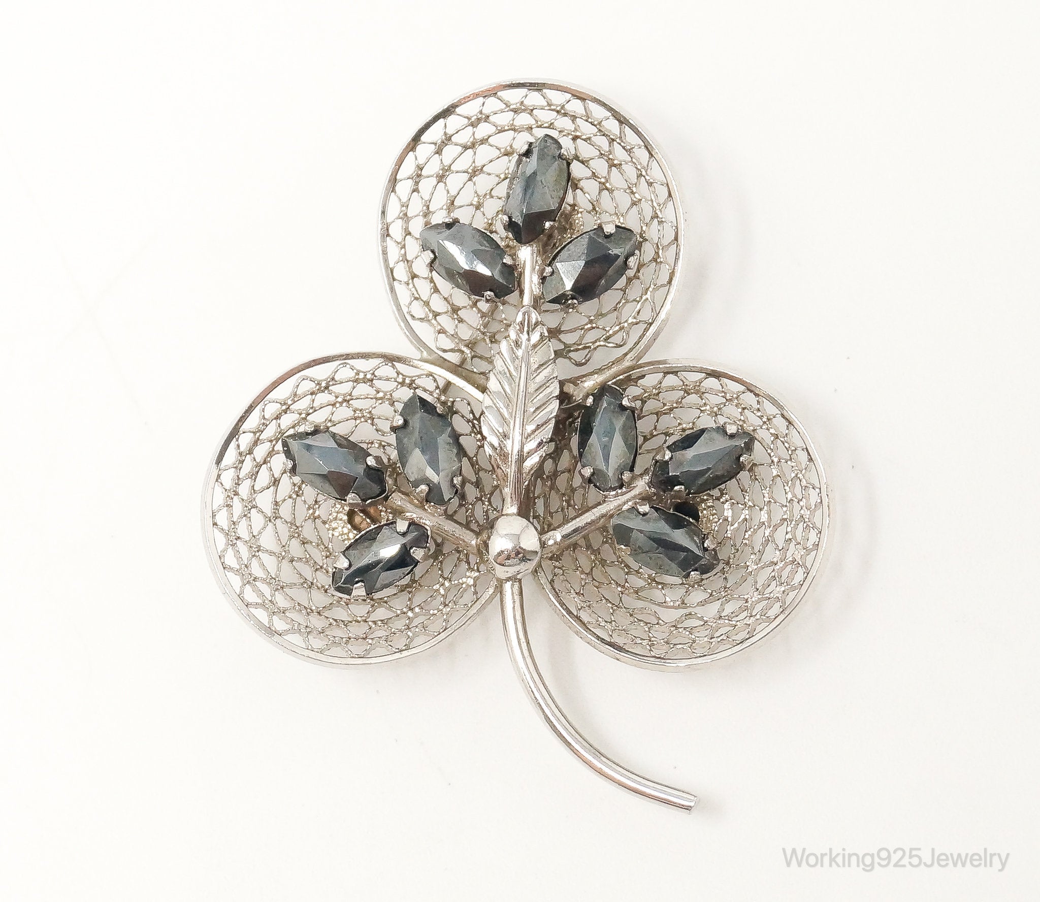 Vintage Designer Sorrento Hematite Clover Sterling Silver Brooch Pin